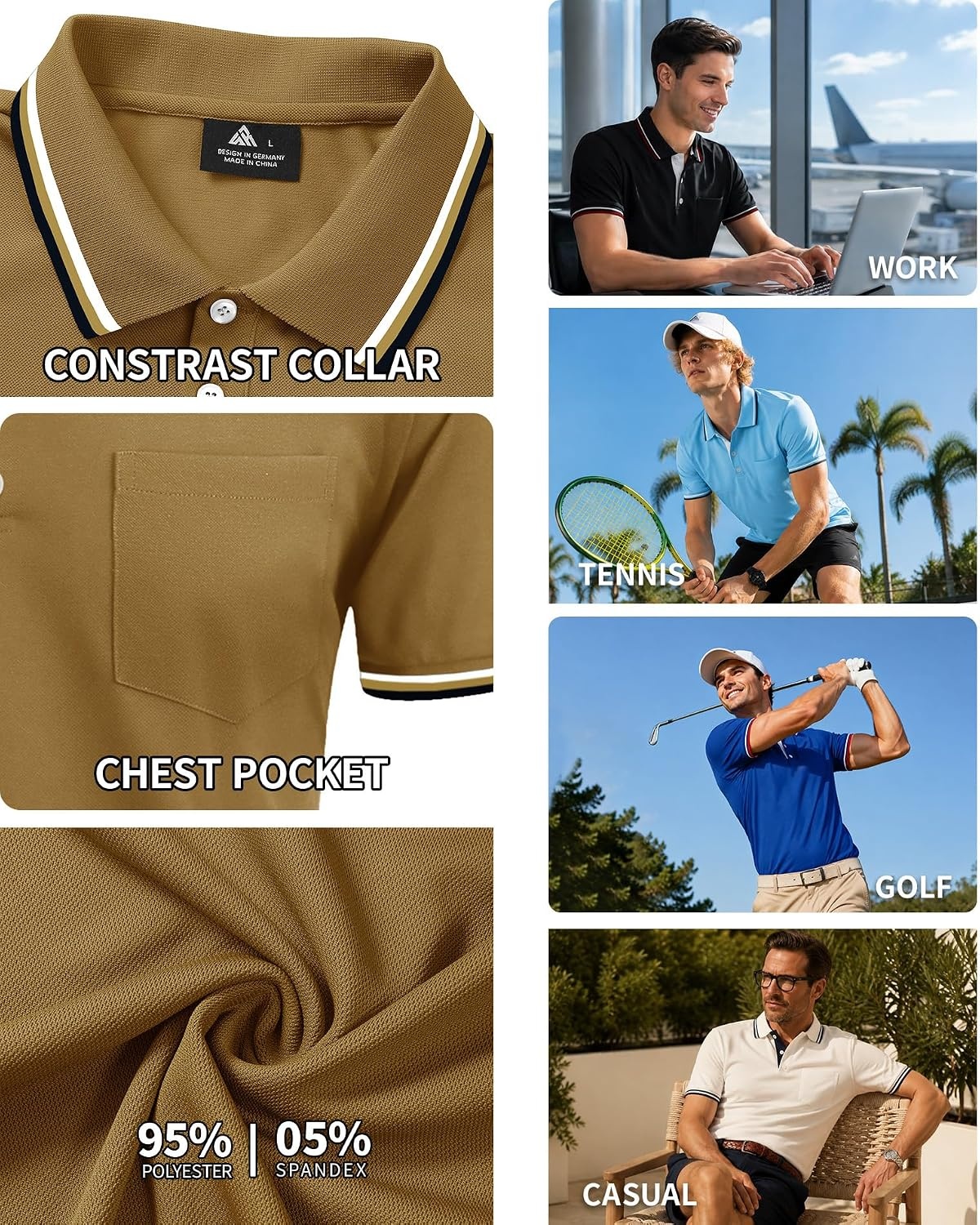 image:imageZITY Mens Polo Shirts Short Sleeve Casual Collared Shirts Moisture Wicking Athletic Work Golf Shirts for Men with PocketKhaki