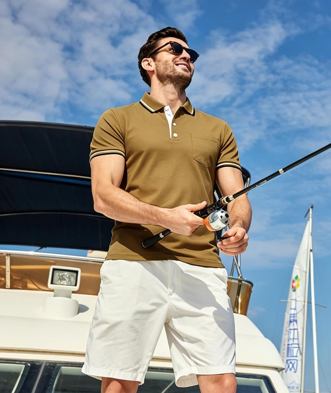 image:imageZITY Mens Polo Shirts Short Sleeve Casual Collared Shirts Moisture Wicking Athletic Work Golf Shirts for Men with PocketKhaki