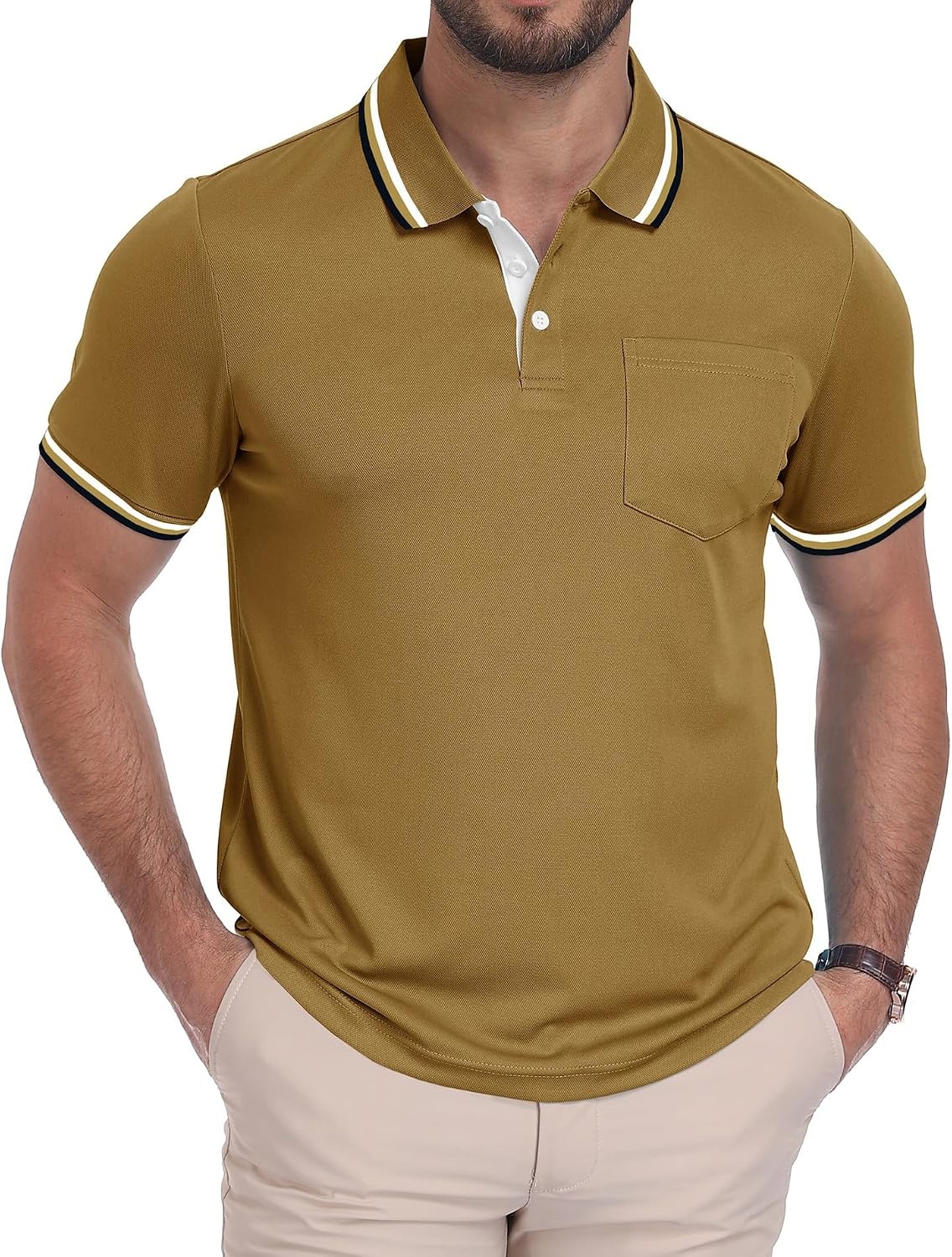 image:imageZITY Mens Polo Shirts Short Sleeve Casual Collared Shirts Moisture Wicking Athletic Work Golf Shirts for Men with PocketKhaki