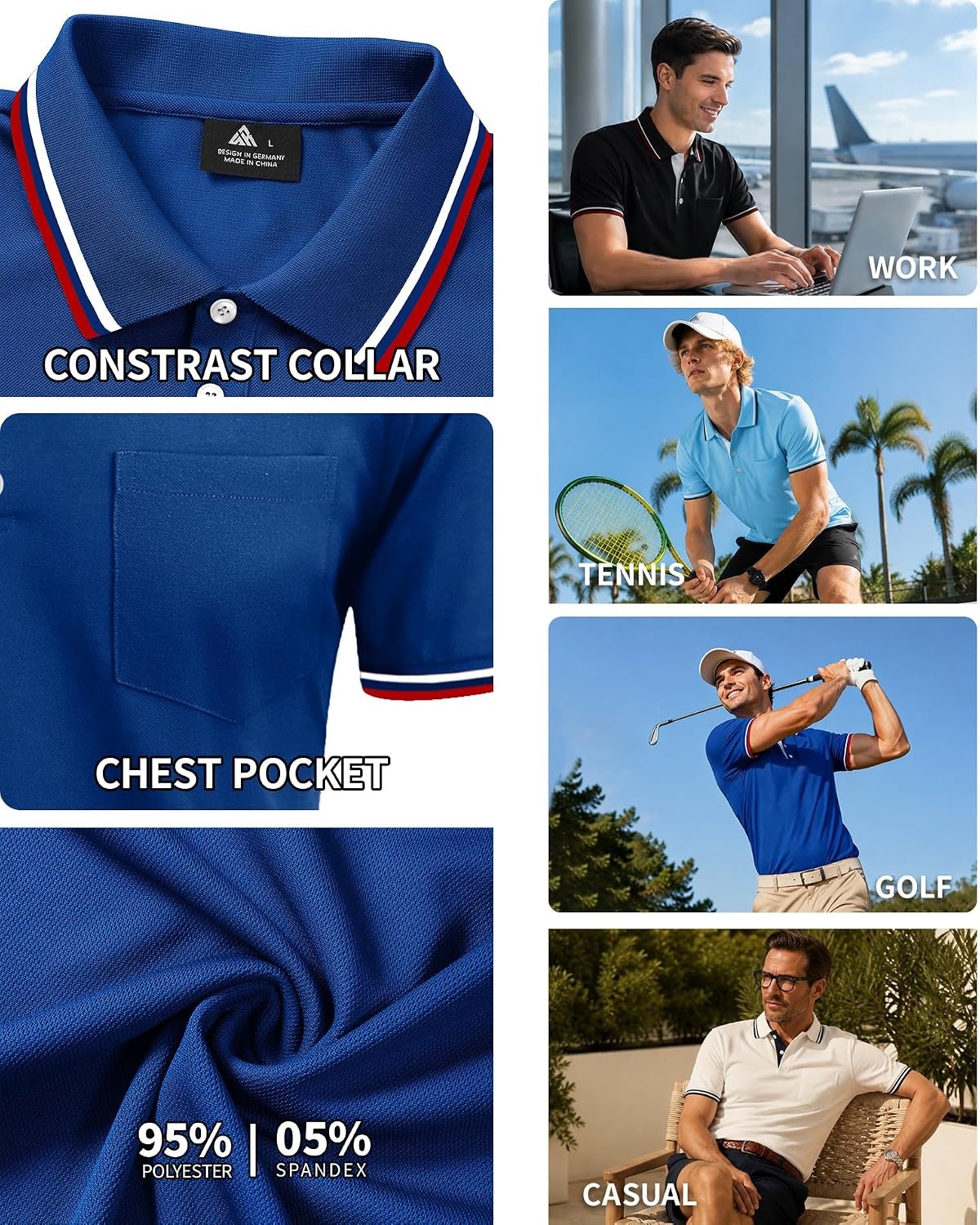 image:imageZITY Mens Polo Shirts Short Sleeve Casual Collared Shirts Moisture Wicking Athletic Work Golf Shirts for Men with PocketRoyal Blue