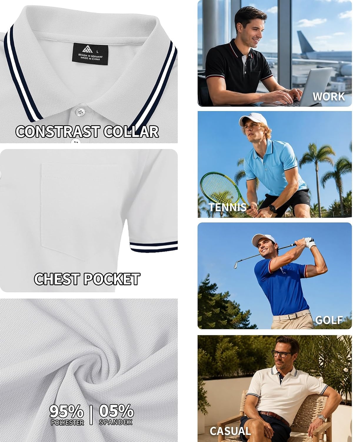image:imageZITY Mens Polo Shirts Short Sleeve Casual Collared Shirts Moisture Wicking Athletic Work Golf Shirts for Men with PocketWhite