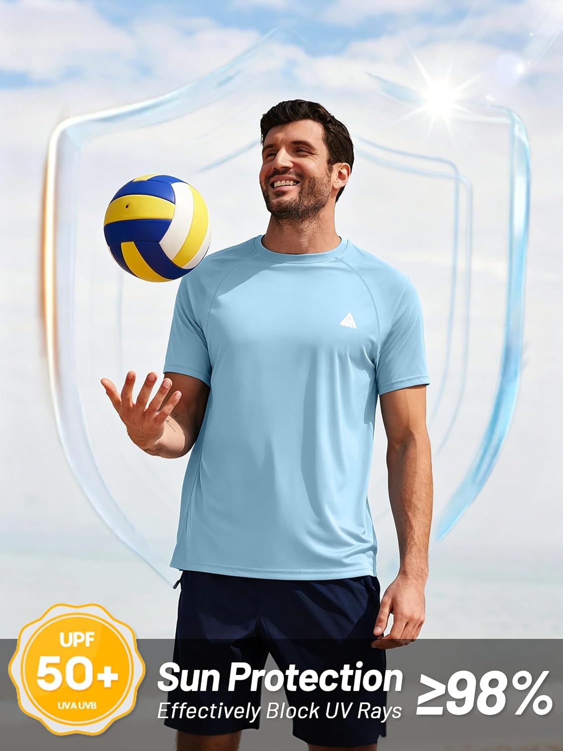 image:imageZITY Mens Swim Shirt Short Sleeve UPF 50 Fishing Rash Guard TShirts Quick Dry Workout Running ShirtsLight Blue