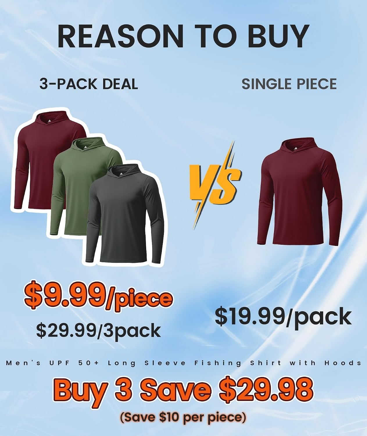 image:imageZITY Sun Hoodie Mens Hooded UPF 50 Long Sleeve UV Protection Shirts for Men Fishing Shirts for Men with Hood Mens Shirts 3 Pack