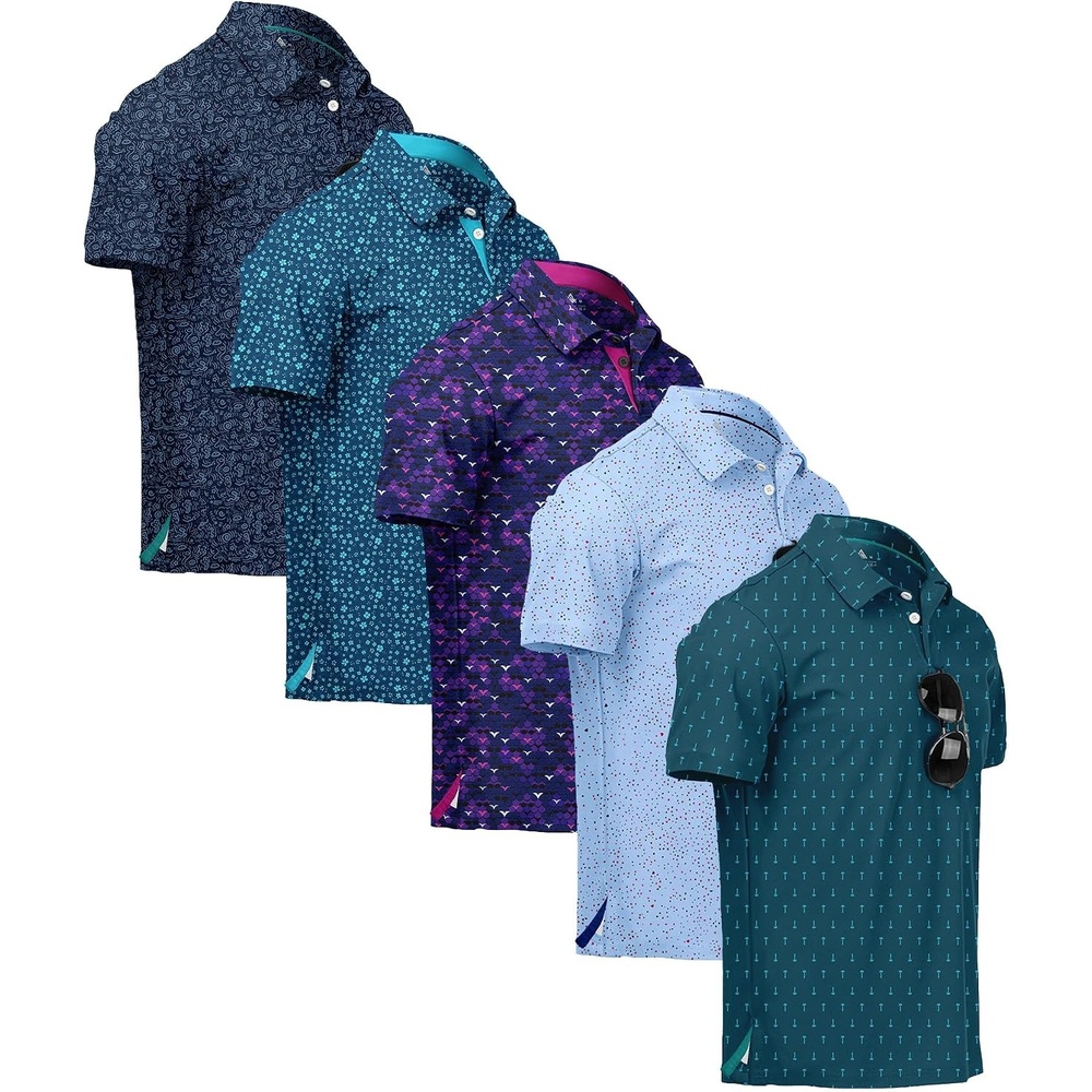image:imageZITY 5 Pack Mens Golf Shirt Short Sleeve UPF 50 Moisture Wicking Performance Print Patterns Casual Golf Polo Shirts for MenNavy Lightteal Darkviolet Paleblue Darkteal