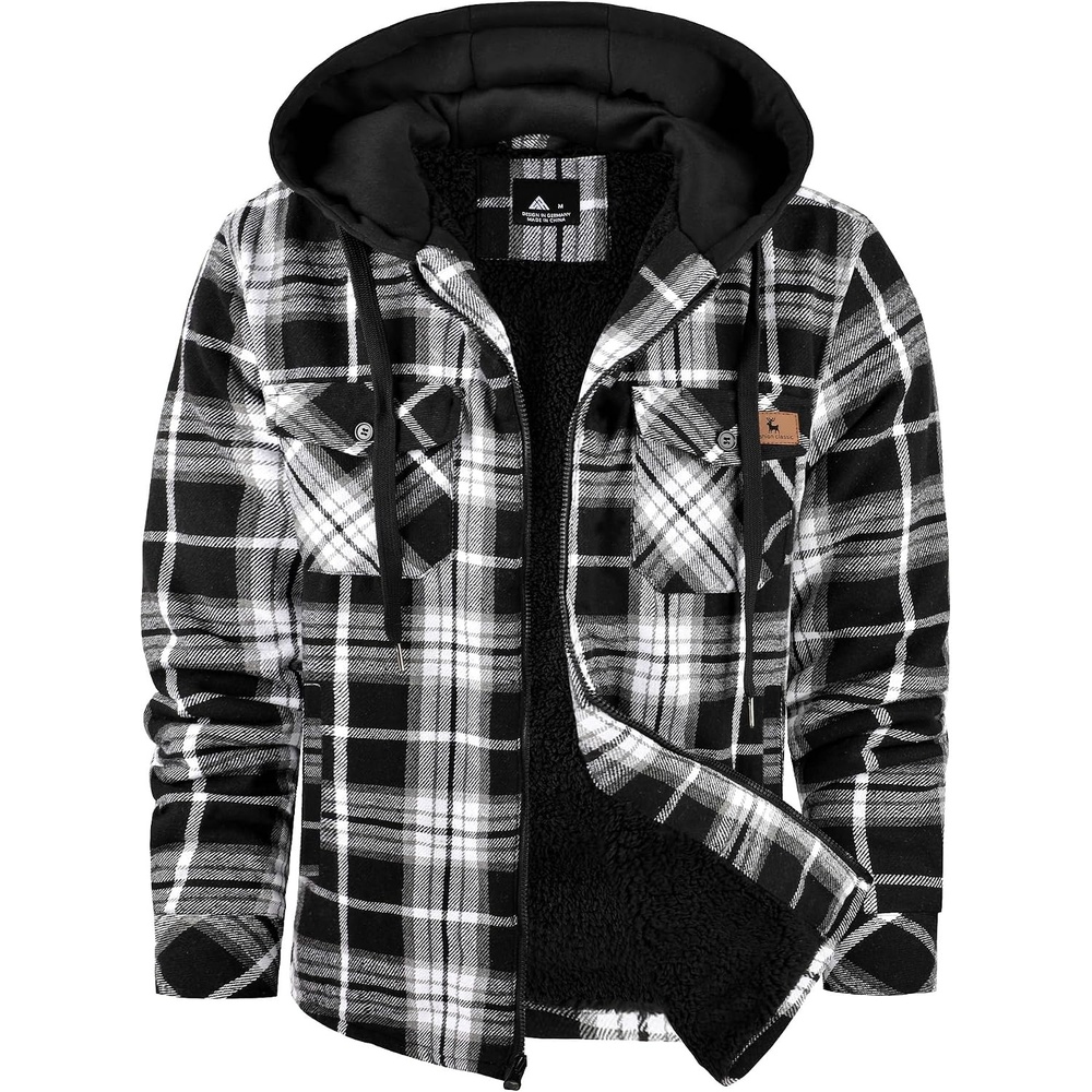 image:imageZITY Flannel Jacket for Men Fleece Plaid Shirts Hoodie Zip Up Sherpa Lined Winter Warm CoatWhite Black