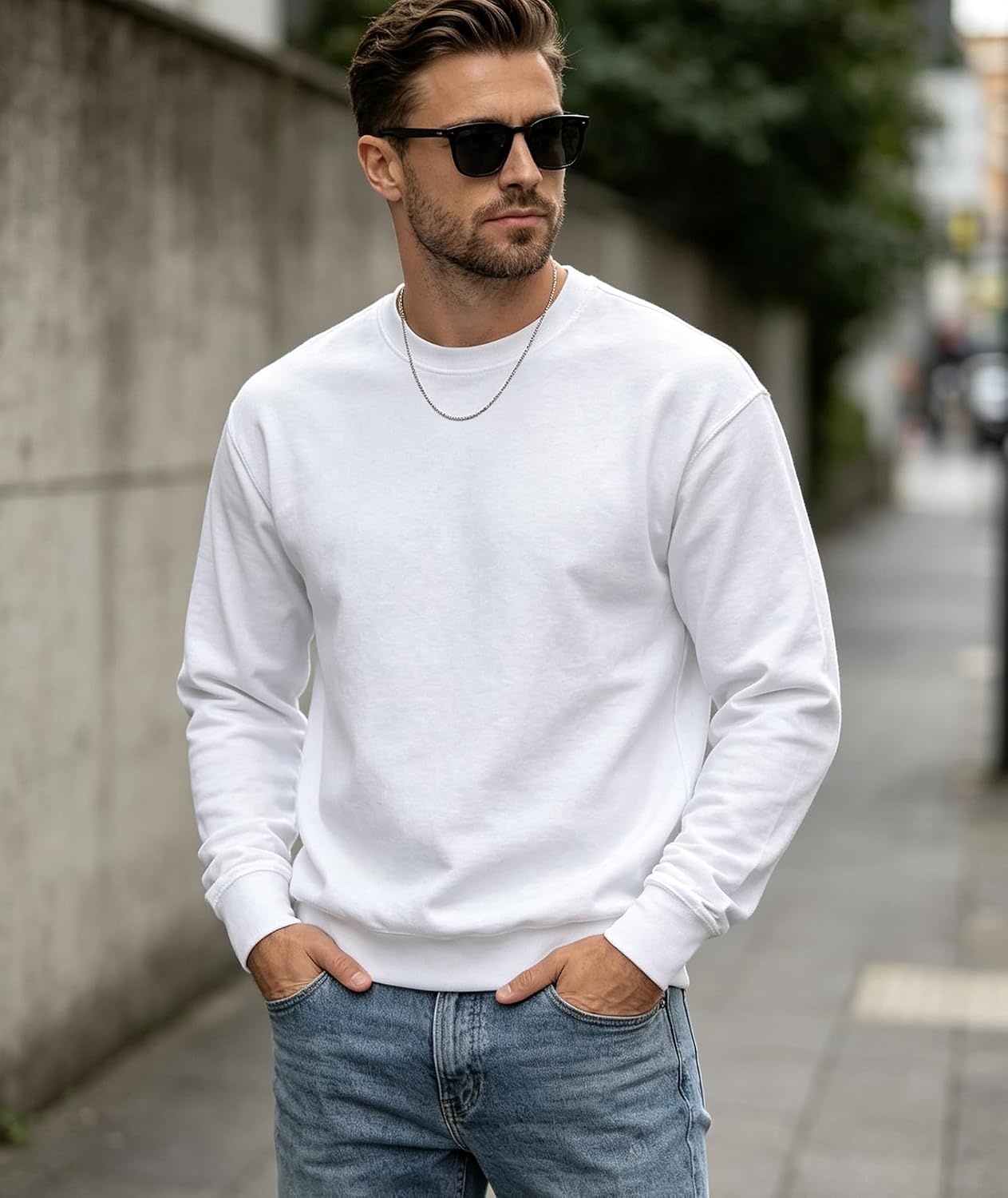 image:imageZITY Mens Athletic Crewneck Sweatshirt Classic Versatile Lightweight Long Sleeve Sweatshirts for MenWhite