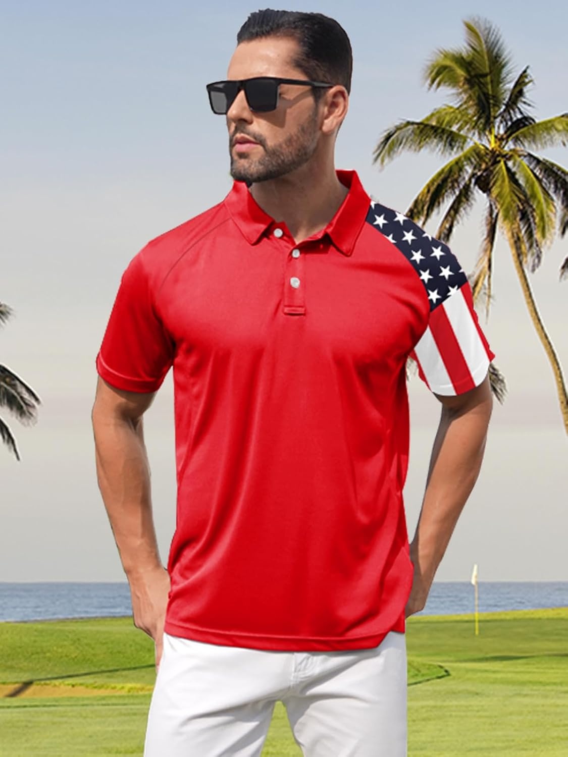image:imageZITY Mens Golf Short Sleeve Moisture Wicking Polos with Print Patterns UPF 50Performance Collared TshirtStretchyLightweightBreathableTeam TrainingTennisAthleticOutdoorCampingBusinessRed
