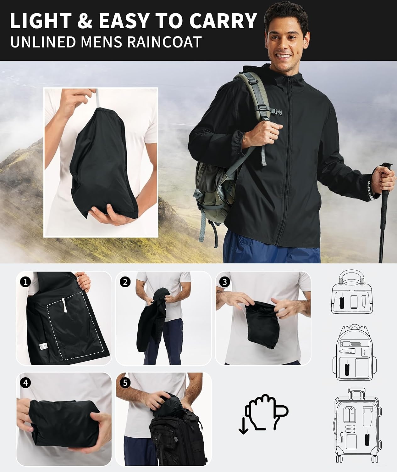 image:imageZITY Mens Lightweight Waterproof Rain Jacket Hooded Windbreaker Raincoat Packable for Outdoor HikingBlack