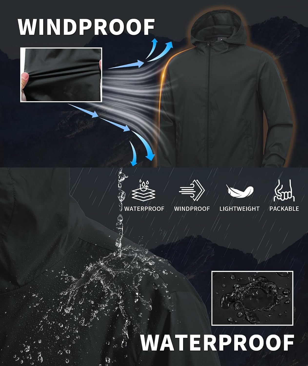 image:imageZITY Mens Lightweight Waterproof Rain Jacket Hooded Windbreaker Raincoat Packable for Outdoor HikingBlack