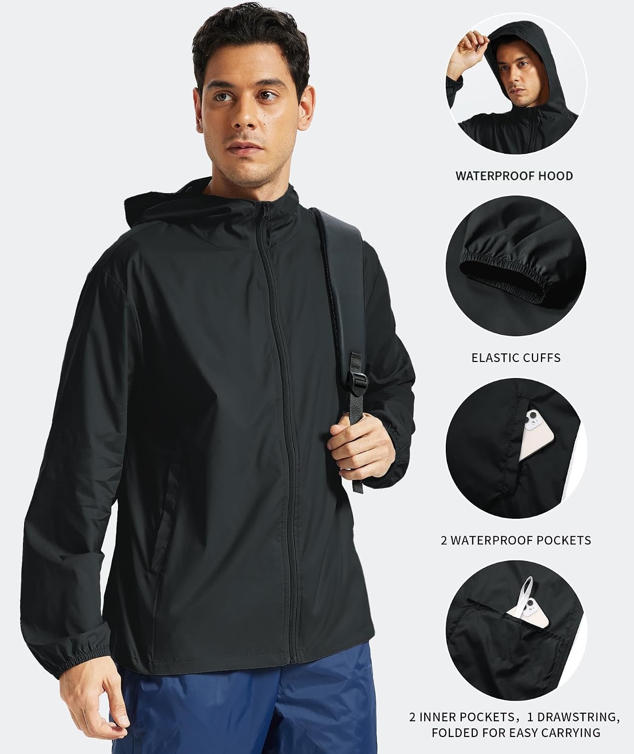 image:imageZITY Mens Lightweight Waterproof Rain Jacket Hooded Windbreaker Raincoat Packable for Outdoor HikingBlack