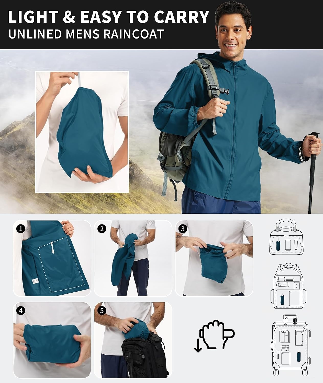 image:imageZITY Mens Lightweight Waterproof Rain Jacket Hooded Windbreaker Raincoat Packable for Outdoor HikingDeep Blue
