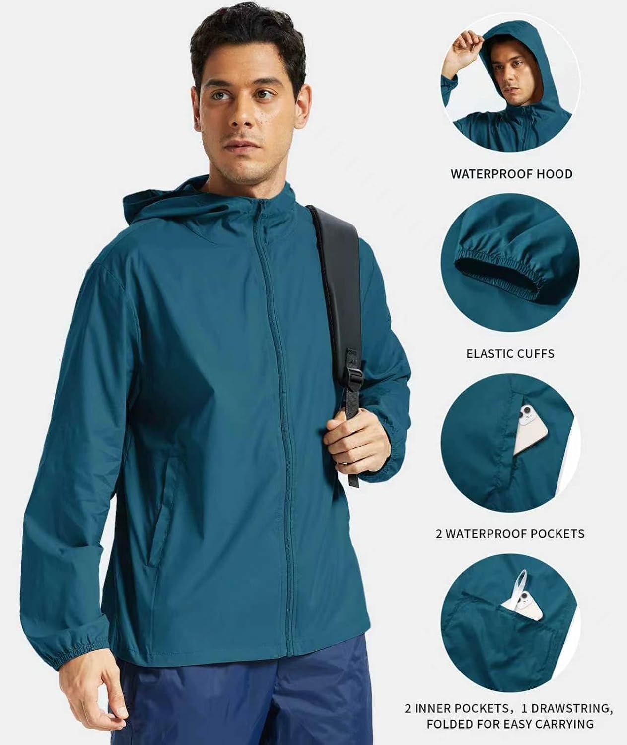 image:imageZITY Mens Lightweight Waterproof Rain Jacket Hooded Windbreaker Raincoat Packable for Outdoor HikingDeep Blue