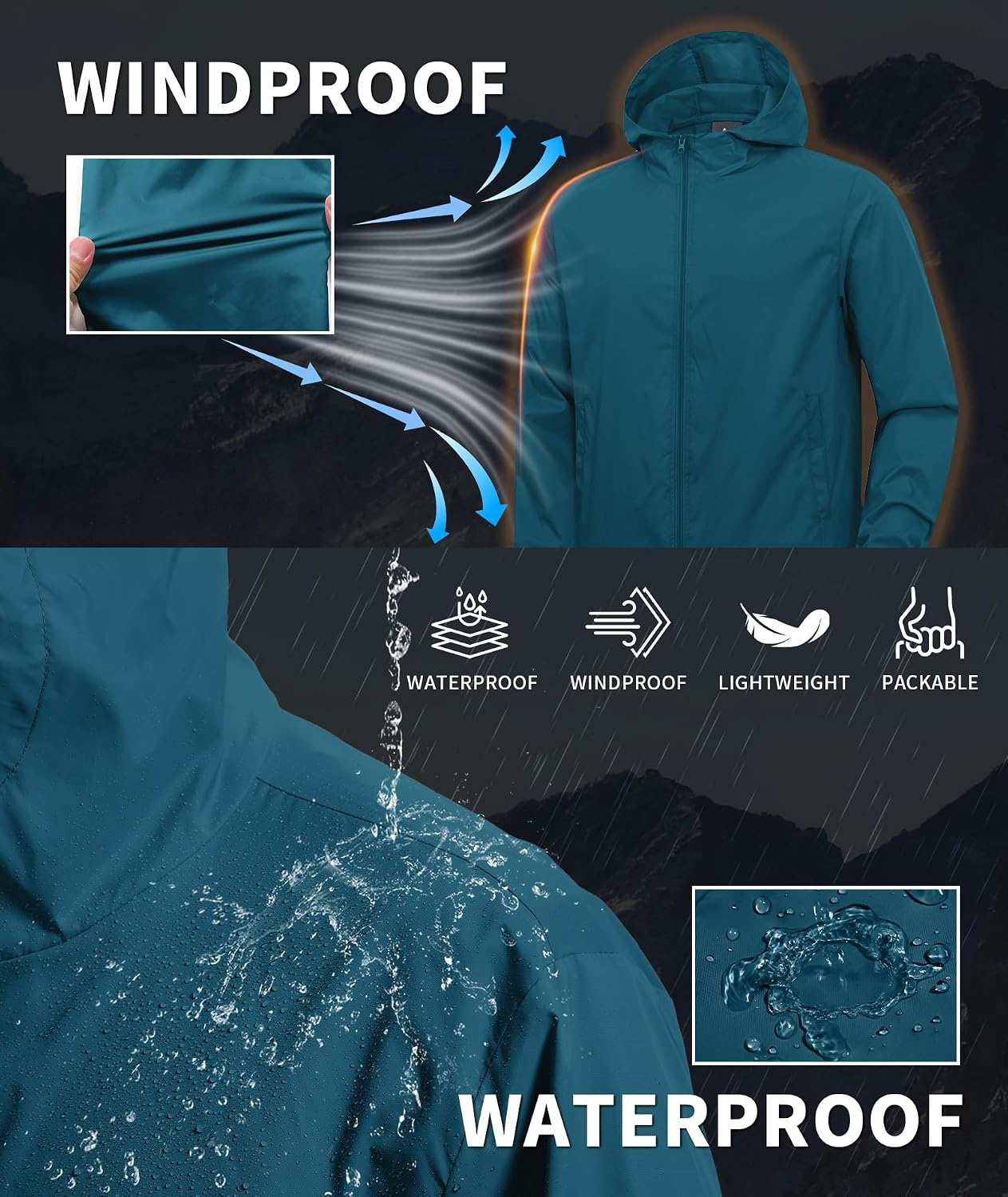 image:imageZITY Mens Lightweight Waterproof Rain Jacket Hooded Windbreaker Raincoat Packable for Outdoor HikingDeep Blue