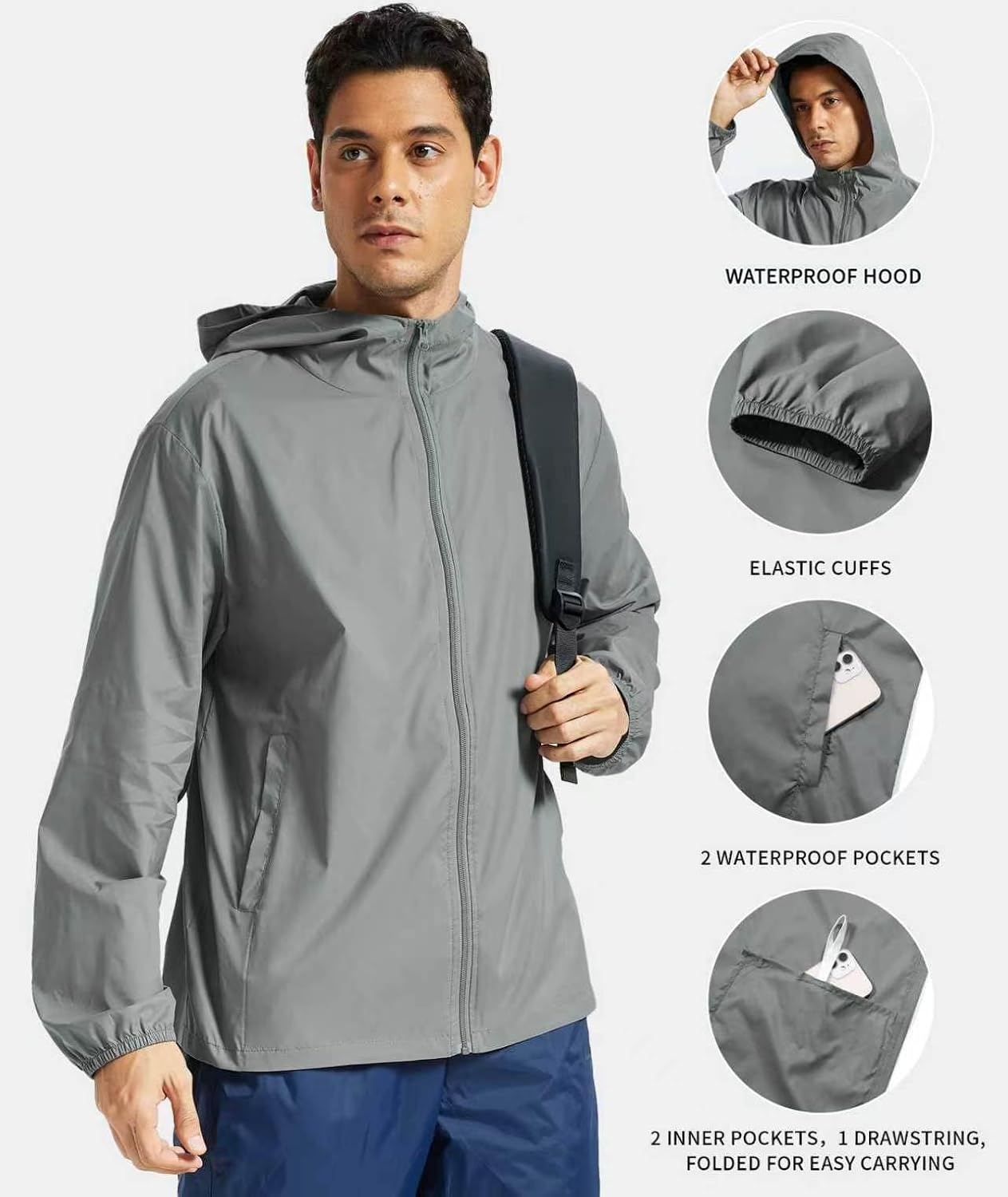 image:imageZITY Mens Lightweight Waterproof Rain Jacket Hooded Windbreaker Raincoat Packable for Outdoor HikingLight Gray
