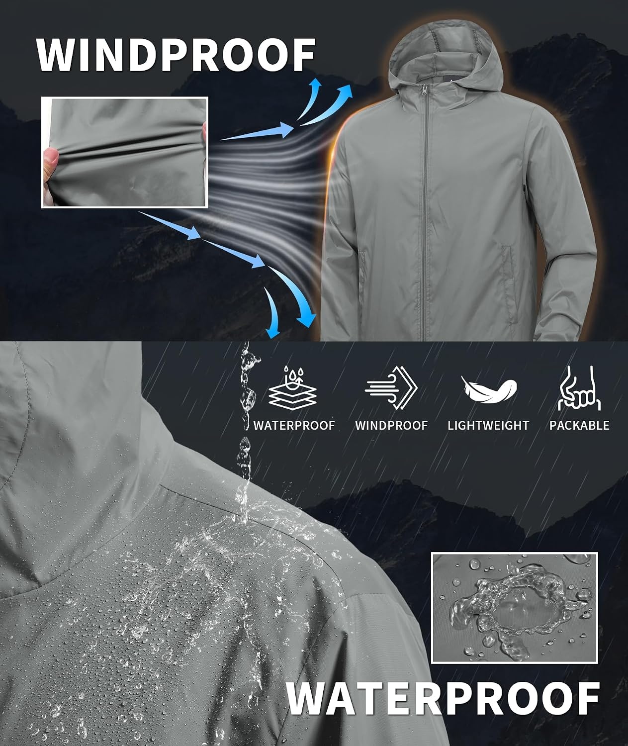 image:imageZITY Mens Lightweight Waterproof Rain Jacket Hooded Windbreaker Raincoat Packable for Outdoor HikingLight Gray