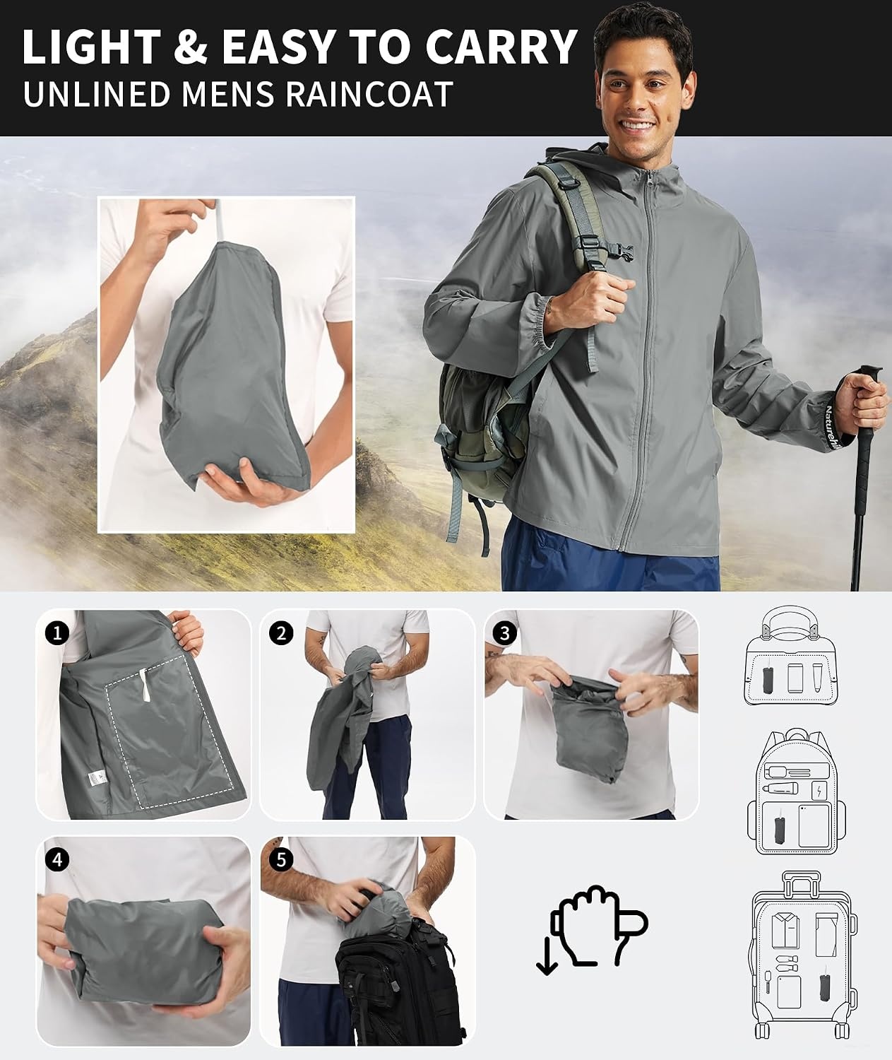 image:imageZITY Mens Lightweight Waterproof Rain Jacket Hooded Windbreaker Raincoat Packable for Outdoor HikingLight Gray