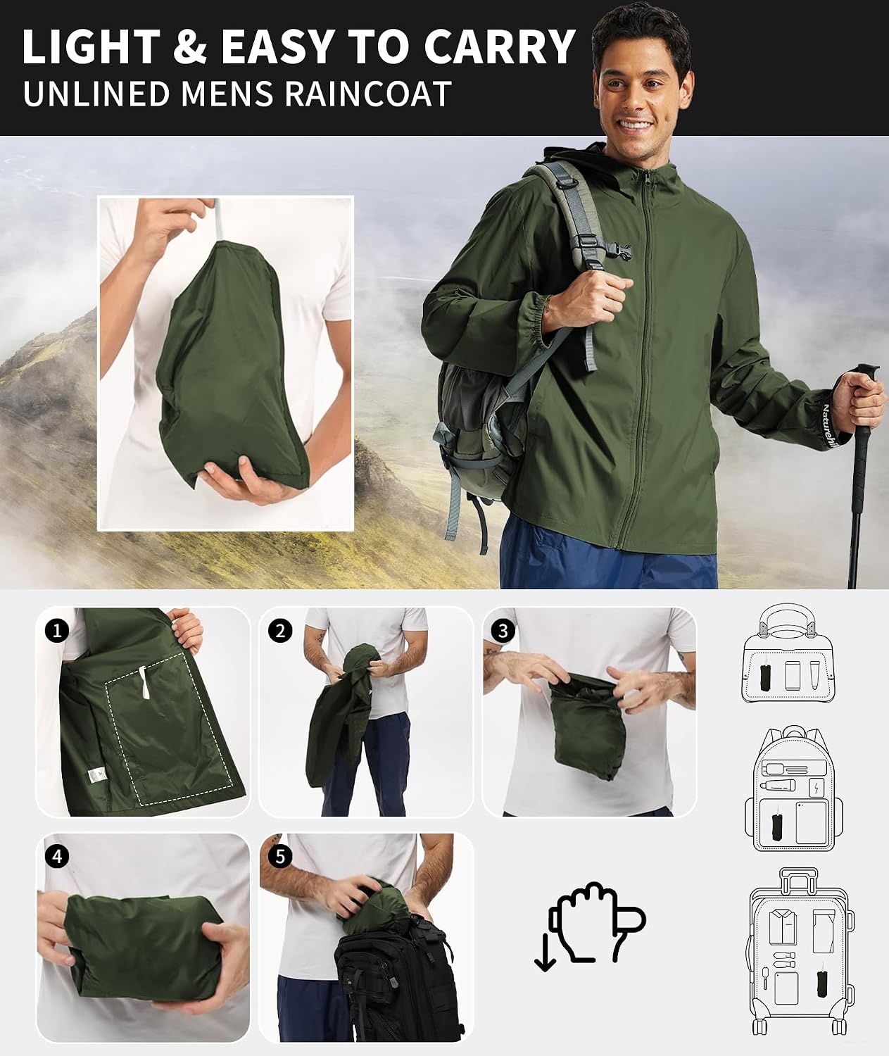 image:imageZITY Mens Lightweight Waterproof Rain Jacket Hooded Windbreaker Raincoat Packable for Outdoor HikingMilitary Green
