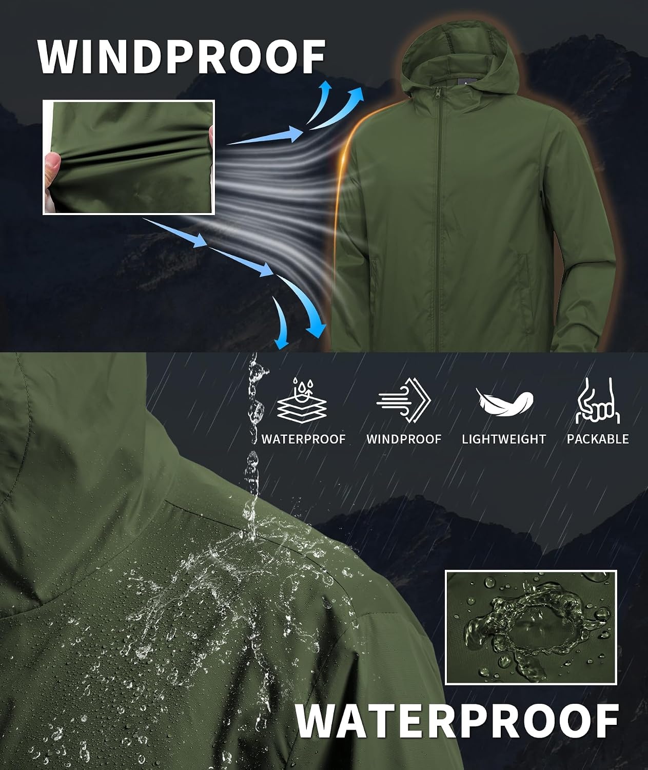 image:imageZITY Mens Lightweight Waterproof Rain Jacket Hooded Windbreaker Raincoat Packable for Outdoor HikingMilitary Green