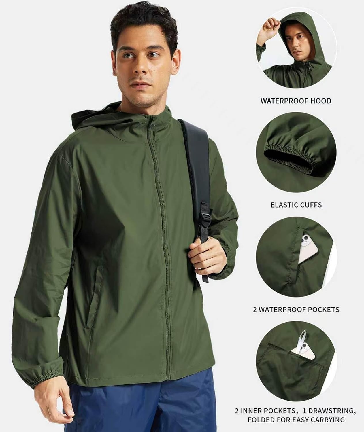 image:imageZITY Mens Lightweight Waterproof Rain Jacket Hooded Windbreaker Raincoat Packable for Outdoor HikingMilitary Green