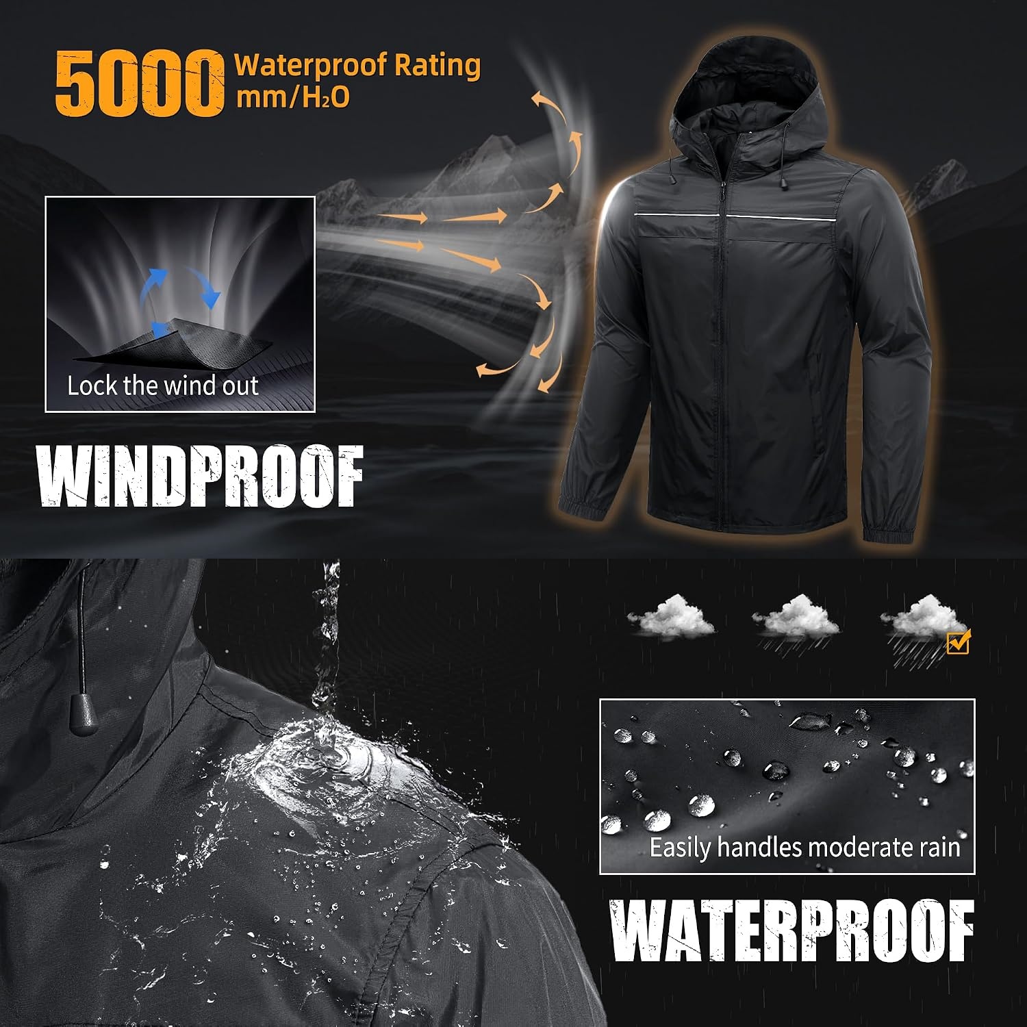 image:imageZITY Mens Rain Jacket with Lining Waterproof Lightweight Rain Coats Packable Hooded Windbreaker for Hiking Golf CyclingBlack