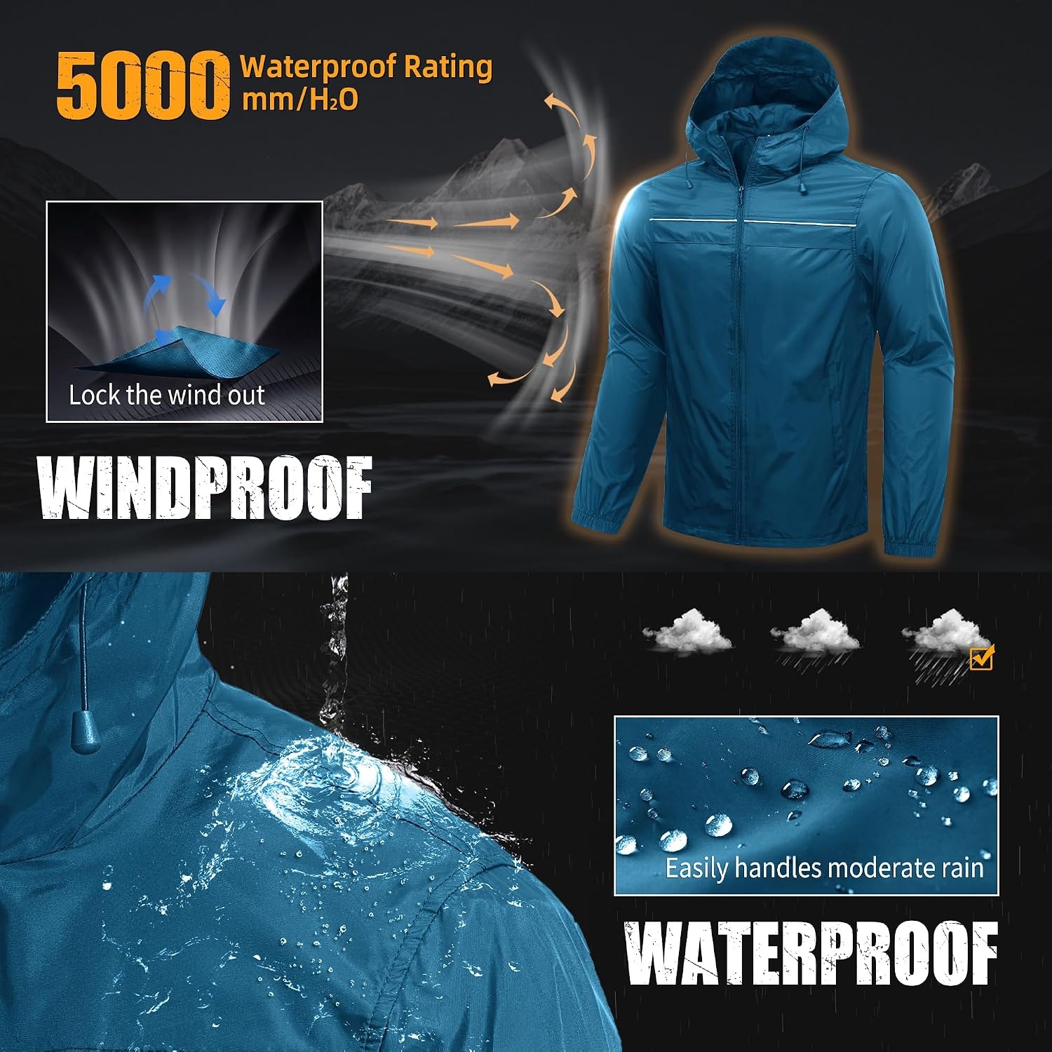 image:imageZITY Mens Rain Jacket with Lining Waterproof Lightweight Rain Coats Packable Hooded Windbreaker for Hiking Golf CyclingDark Blue