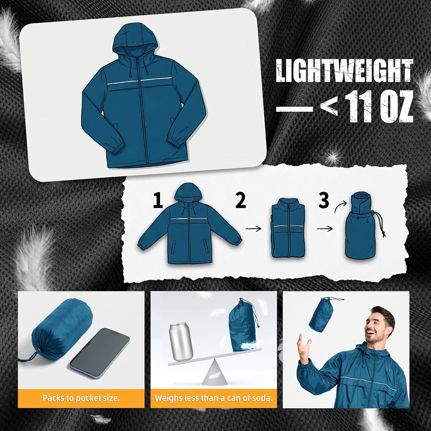 image:imageZITY Mens Rain Jacket with Lining Waterproof Lightweight Rain Coats Packable Hooded Windbreaker for Hiking Golf CyclingDark Blue