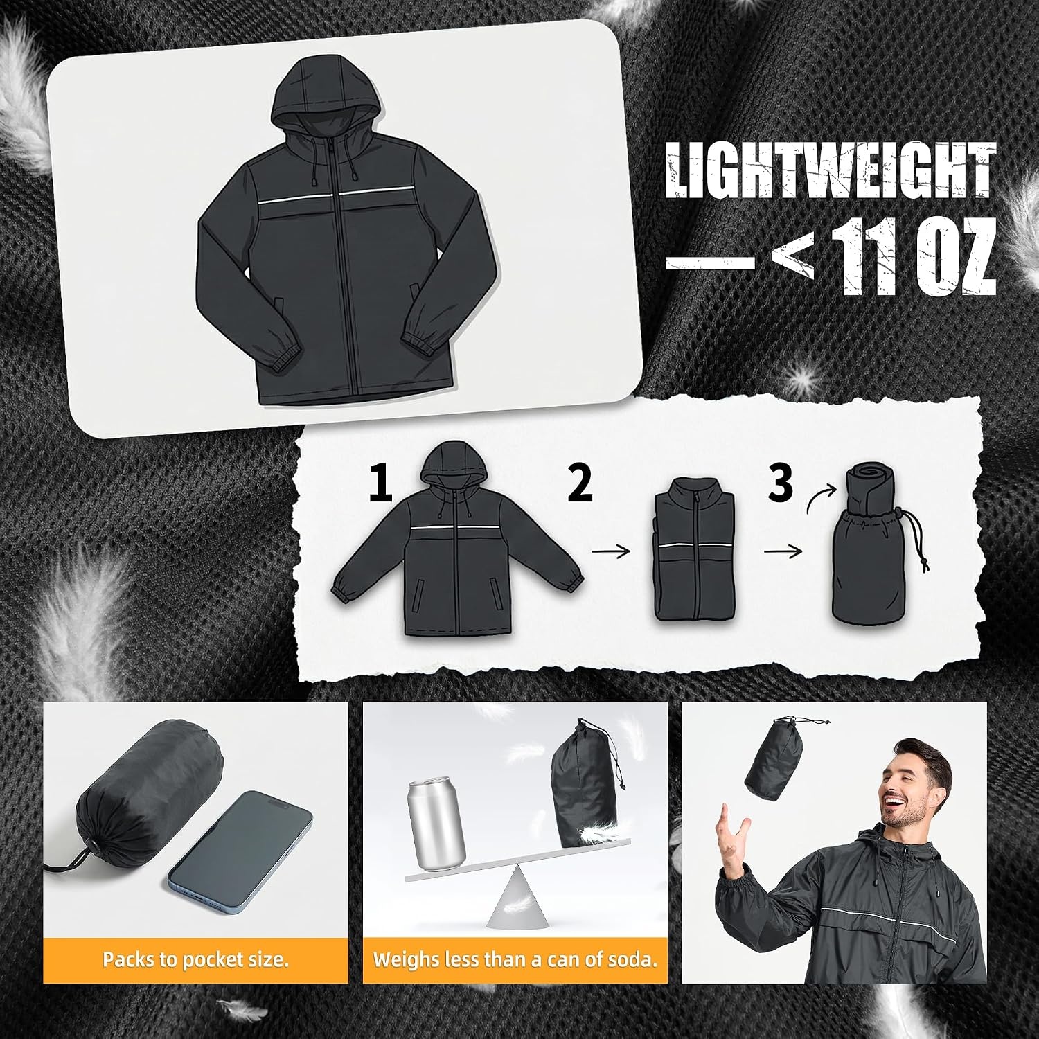 image:imageZITY Mens Rain Jacket with Lining Waterproof Lightweight Rain Coats Packable Hooded Windbreaker for Hiking Golf CyclingDark Grey