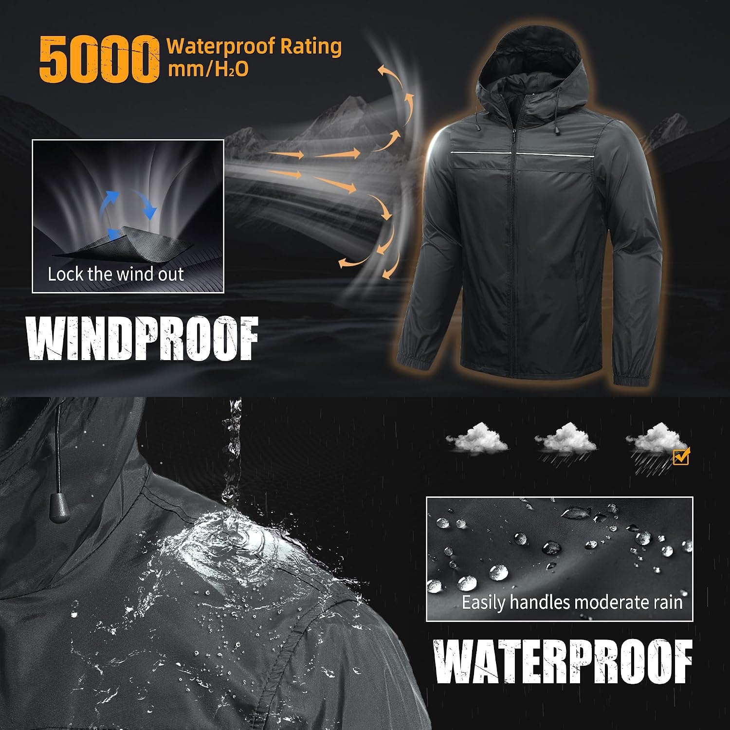 image:imageZITY Mens Rain Jacket with Lining Waterproof Lightweight Rain Coats Packable Hooded Windbreaker for Hiking Golf CyclingDark Grey