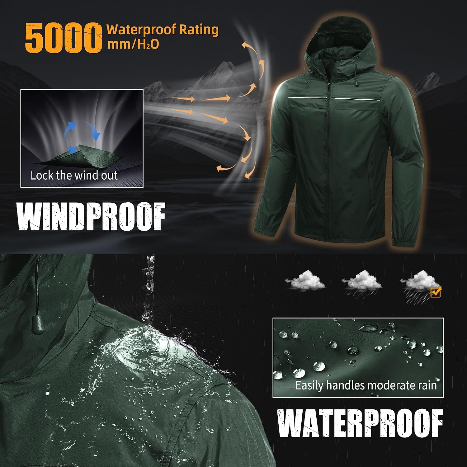 image:imageZITY Mens Rain Jacket with Lining Waterproof Lightweight Rain Coats Packable Hooded Windbreaker for Hiking Golf CyclingGreen