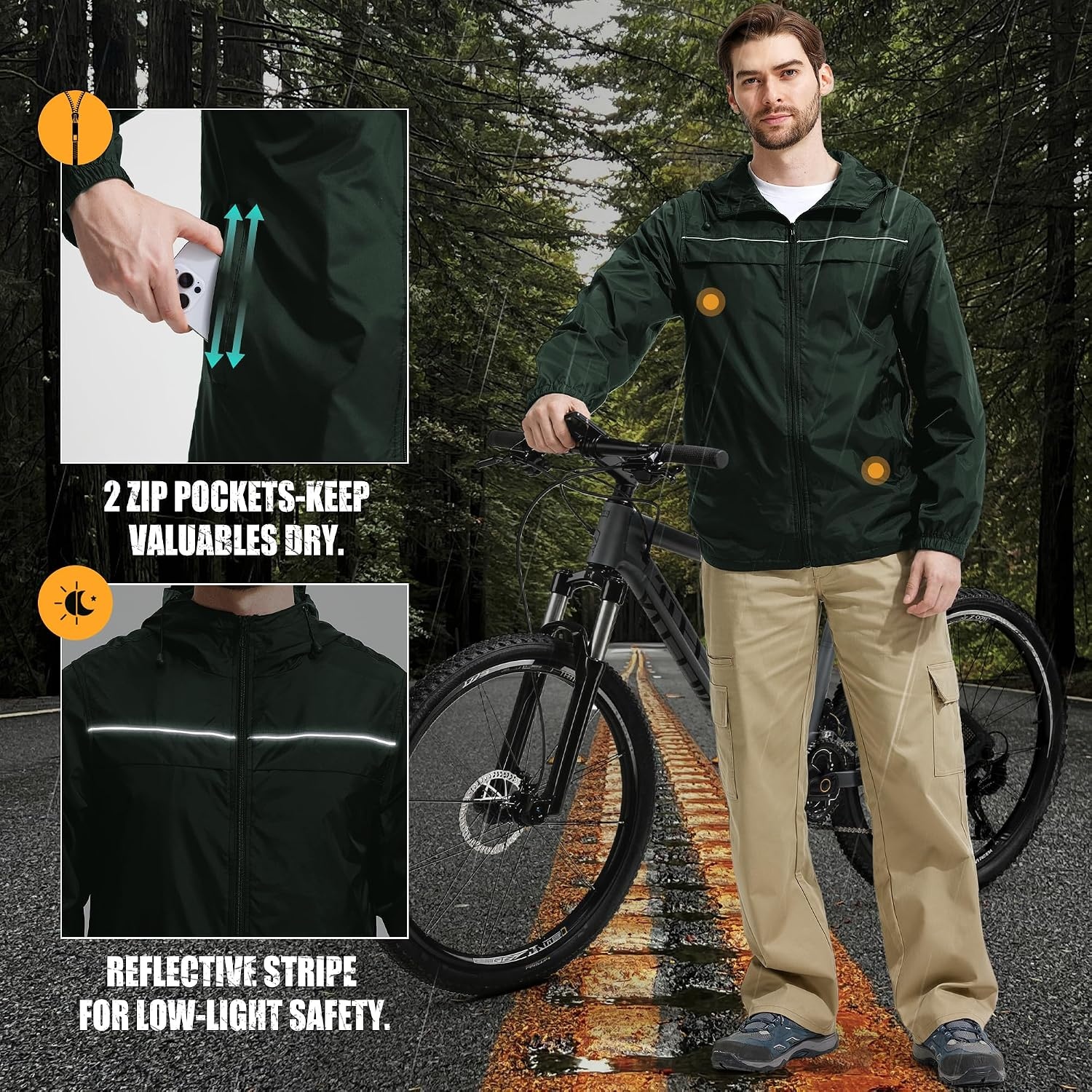 image:imageZITY Mens Rain Jacket with Lining Waterproof Lightweight Rain Coats Packable Hooded Windbreaker for Hiking Golf CyclingGreen