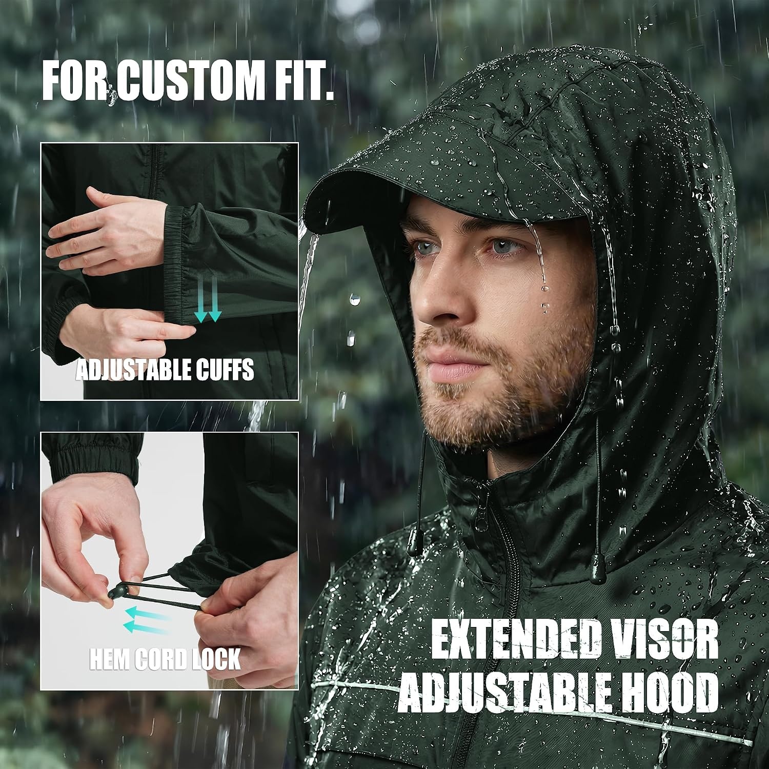 image:imageZITY Mens Rain Jacket with Lining Waterproof Lightweight Rain Coats Packable Hooded Windbreaker for Hiking Golf CyclingGreen