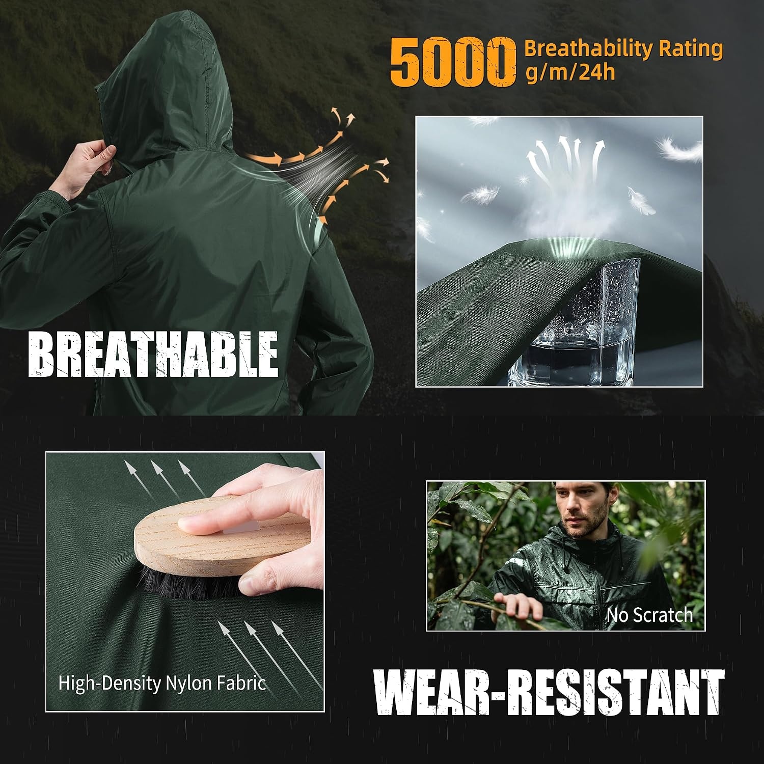 image:imageZITY Mens Rain Jacket with Lining Waterproof Lightweight Rain Coats Packable Hooded Windbreaker for Hiking Golf CyclingGreen
