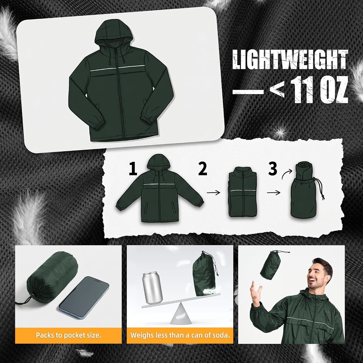 image:imageZITY Mens Rain Jacket with Lining Waterproof Lightweight Rain Coats Packable Hooded Windbreaker for Hiking Golf CyclingGreen
