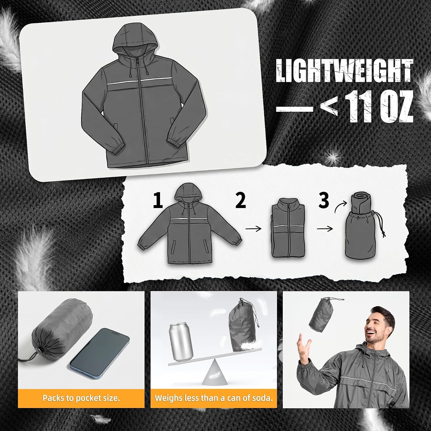 image:imageZITY Mens Rain Jacket with Lining Waterproof Lightweight Rain Coats Packable Hooded Windbreaker for Hiking Golf CyclingGrey