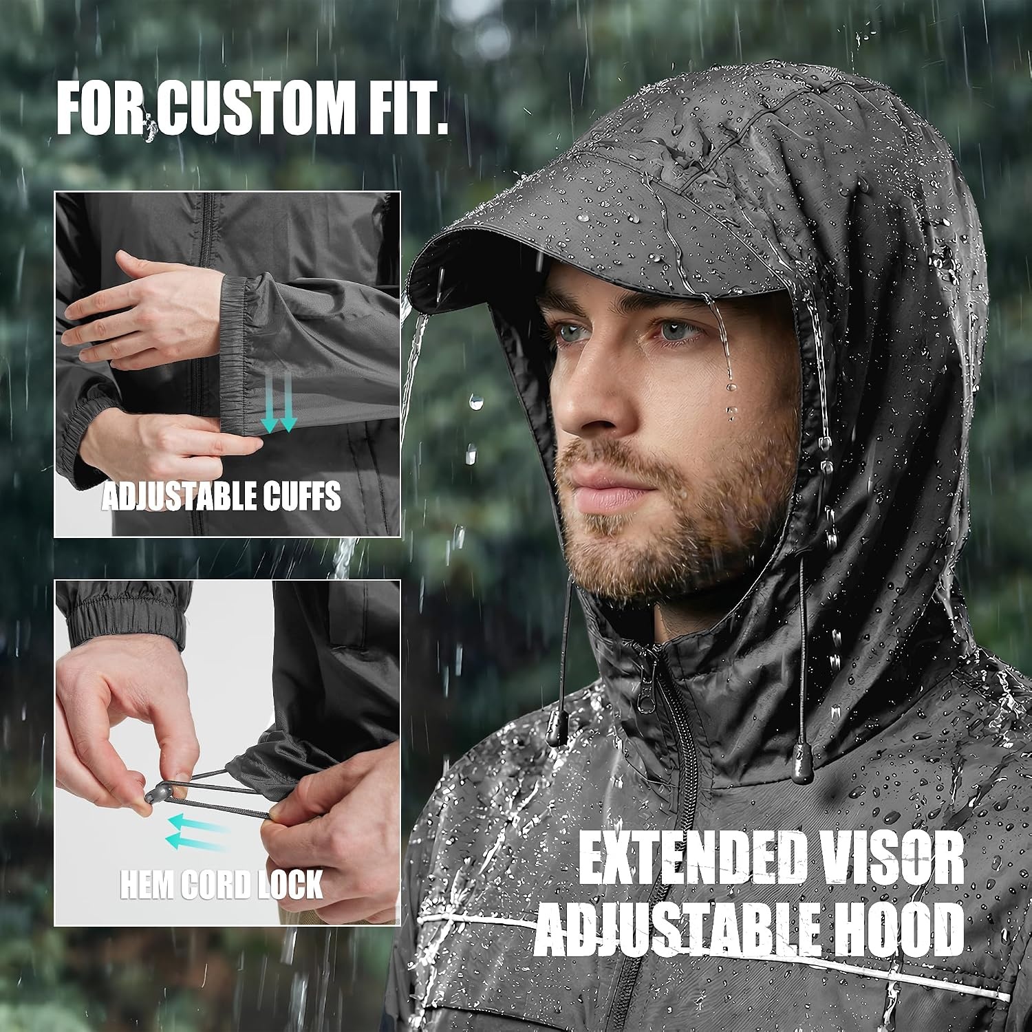 image:imageZITY Mens Rain Jacket with Lining Waterproof Lightweight Rain Coats Packable Hooded Windbreaker for Hiking Golf CyclingGrey