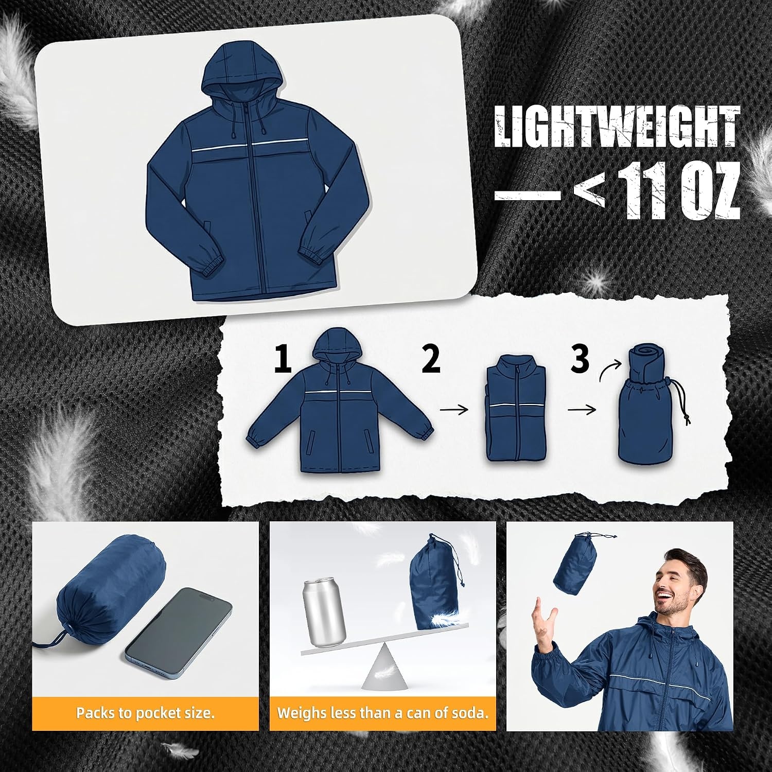 image:imageZITY Mens Rain Jacket with Lining Waterproof Lightweight Rain Coats Packable Hooded Windbreaker for Hiking Golf CyclingNavy