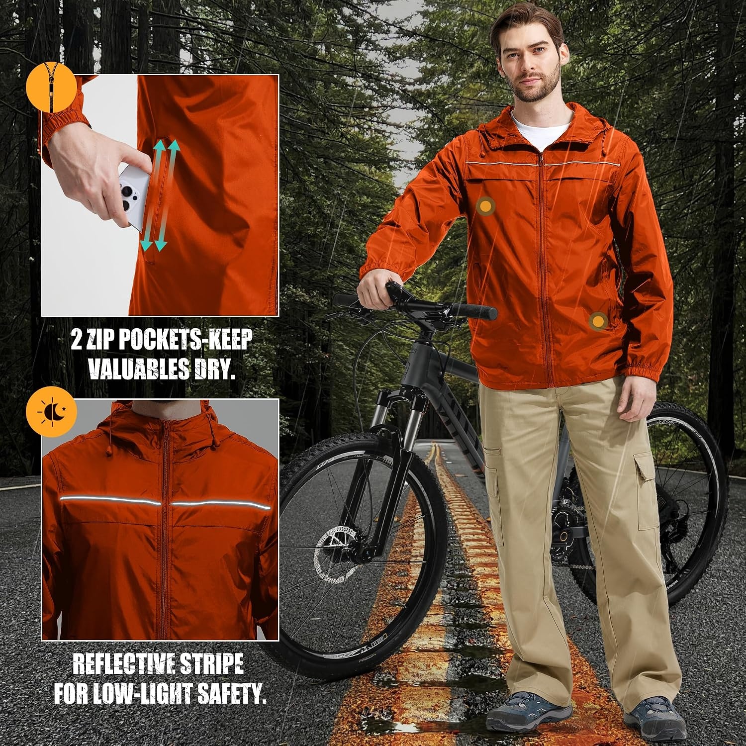 image:imageZITY Mens Rain Jacket with Lining Waterproof Lightweight Rain Coats Packable Hooded Windbreaker for Hiking Golf CyclingOrange