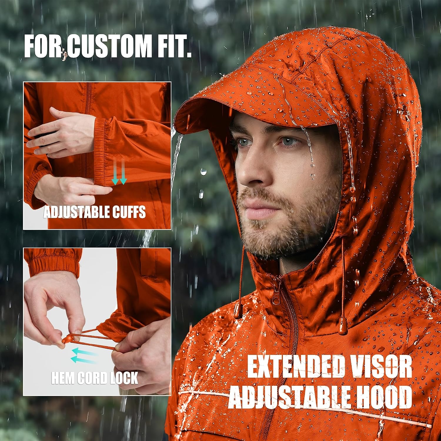 image:imageZITY Mens Rain Jacket with Lining Waterproof Lightweight Rain Coats Packable Hooded Windbreaker for Hiking Golf CyclingOrange