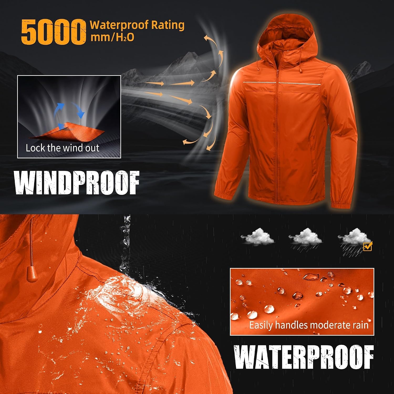 image:imageZITY Mens Rain Jacket with Lining Waterproof Lightweight Rain Coats Packable Hooded Windbreaker for Hiking Golf CyclingOrange