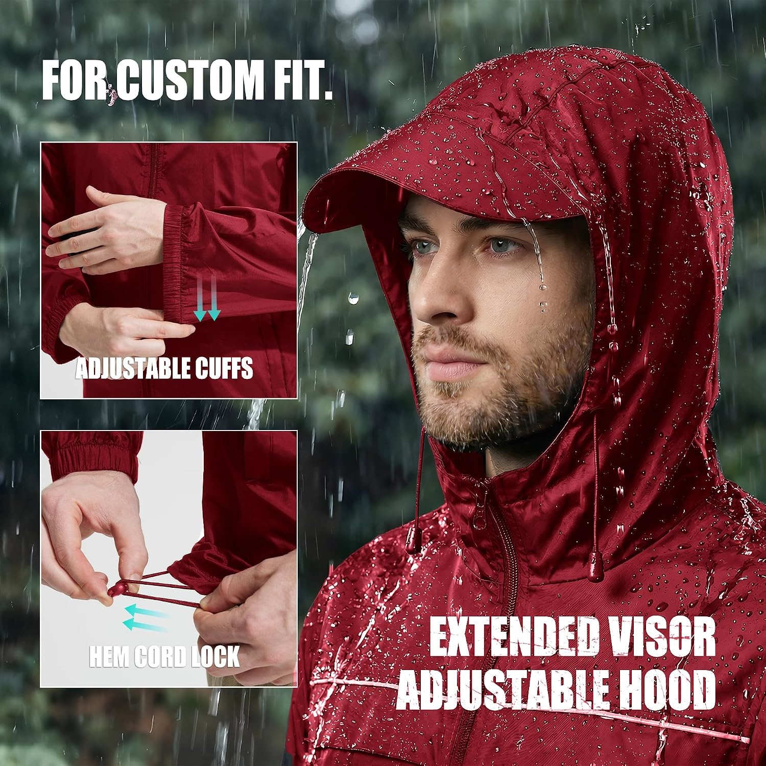 image:imageZITY Mens Rain Jacket with Lining Waterproof Lightweight Rain Coats Packable Hooded Windbreaker for Hiking Golf CyclingRed