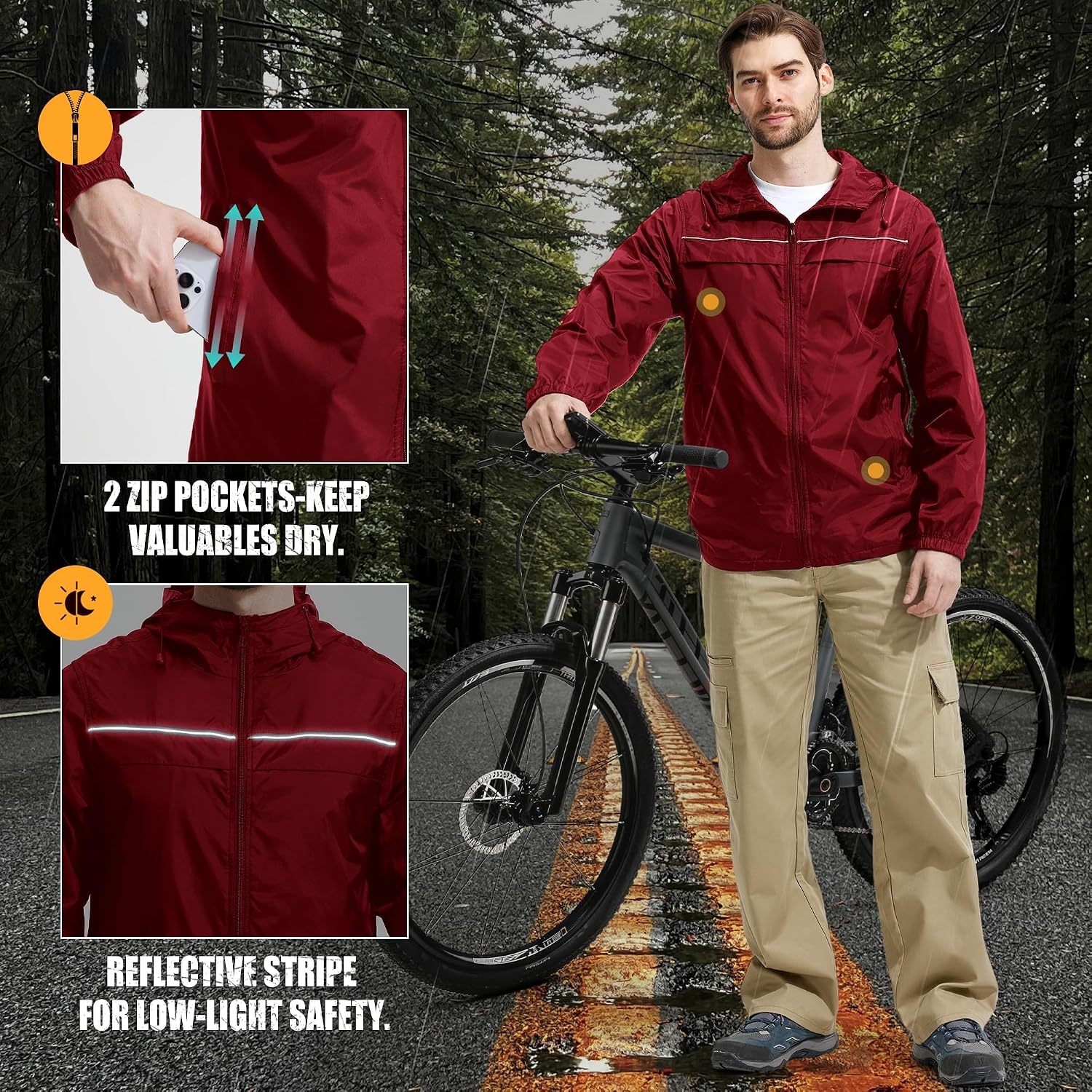image:imageZITY Mens Rain Jacket with Lining Waterproof Lightweight Rain Coats Packable Hooded Windbreaker for Hiking Golf CyclingRed