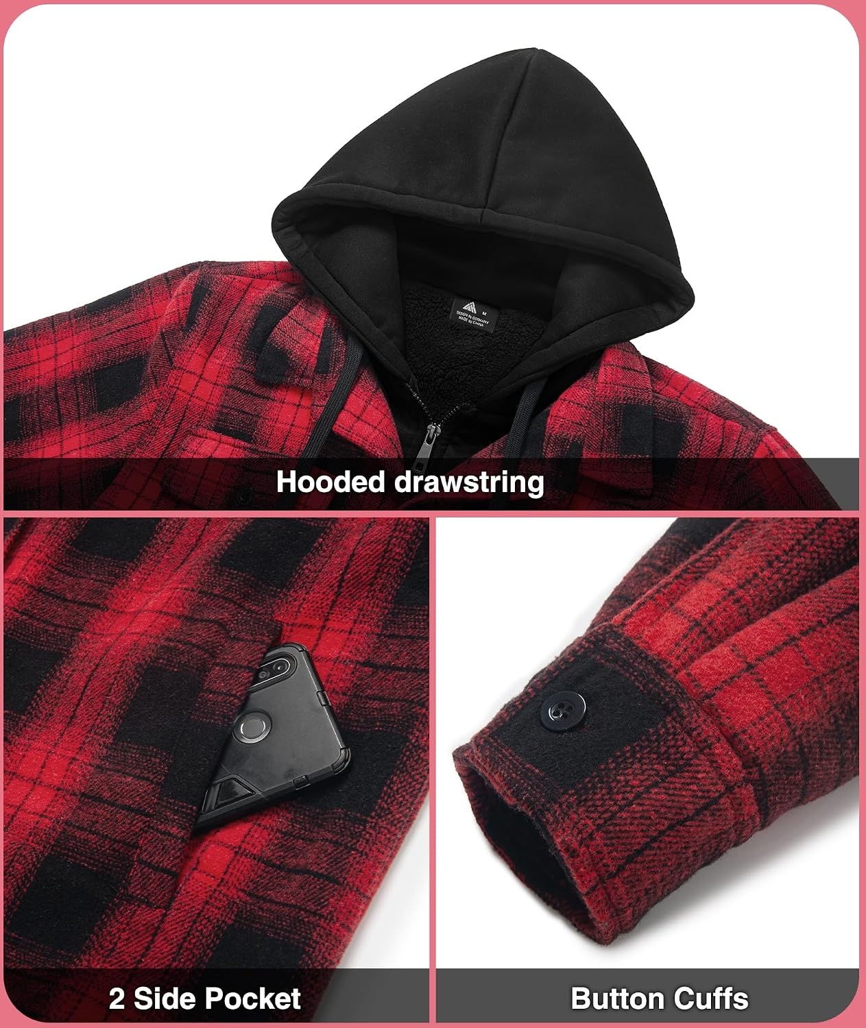 image:imageZITY Mens Sherpa Flannel Shirt Jacket Plaid Fleece Lined Hooded Sweatshirt Zip Front with Button PlacketWinter Warm Coat4 PocketsHeavyweight ThickPartyWorkCampingHikingDaily WearShoppingRed