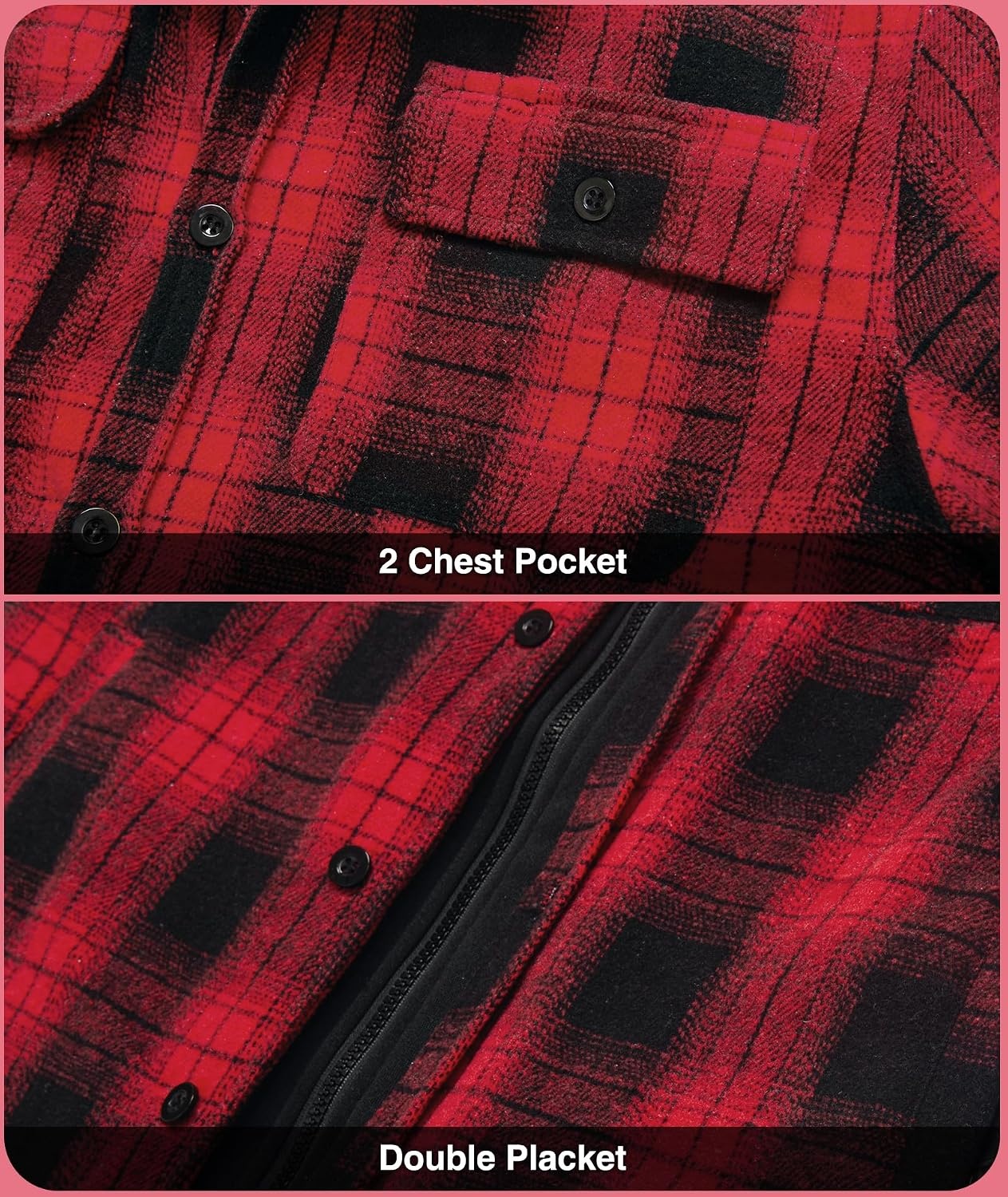 image:imageZITY Mens Sherpa Flannel Shirt Jacket Plaid Fleece Lined Hooded Sweatshirt Zip Front with Button PlacketWinter Warm Coat4 PocketsHeavyweight ThickPartyWorkCampingHikingDaily WearShoppingRed