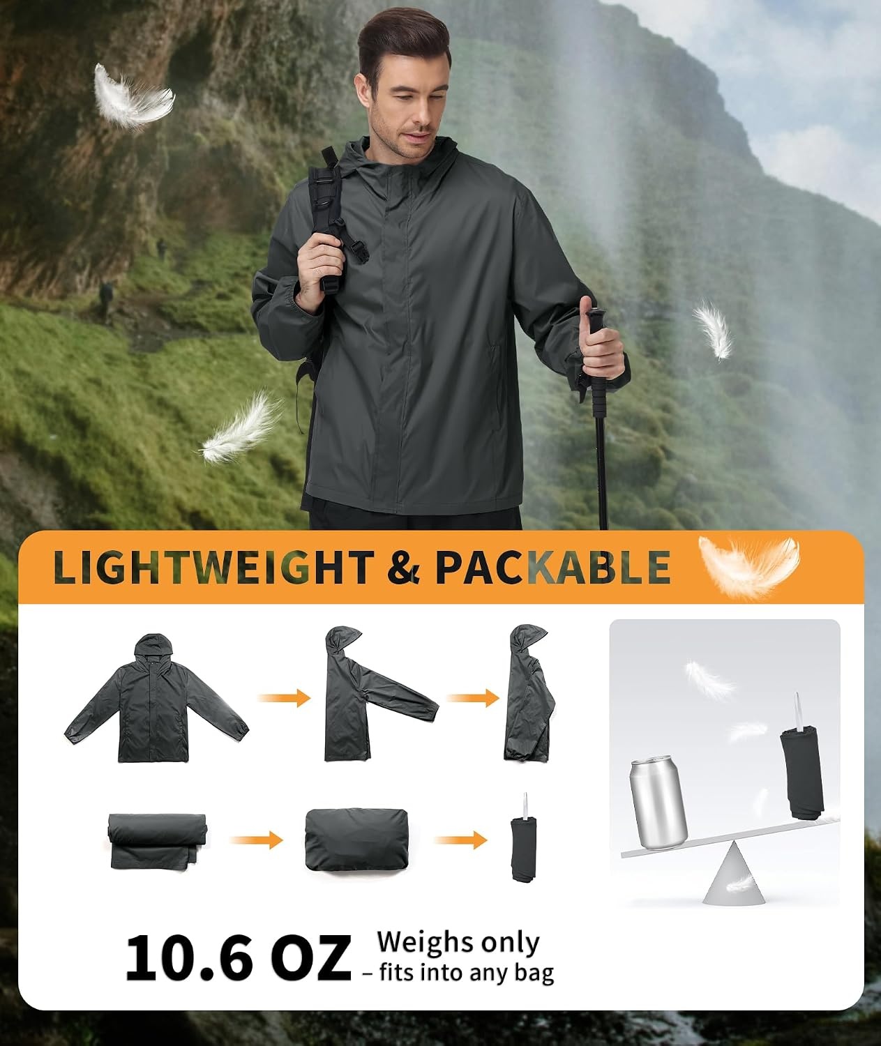 image:imageZITY Mens Waterproof Rain Jacket hood Lightweight Packable Rain Coats for Men Nylon Windbreaker Work Golf Hiking CyclingDark Grey