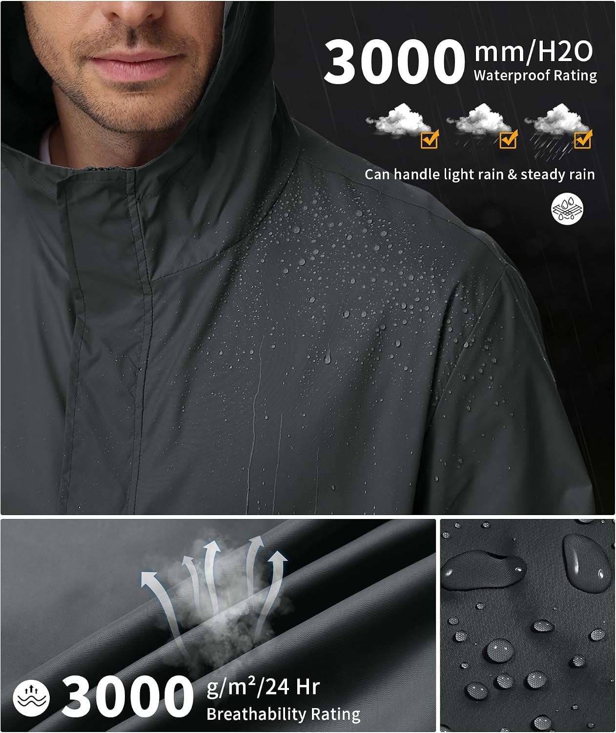 image:imageZITY Mens Waterproof Rain Jacket hood Lightweight Packable Rain Coats for Men Nylon Windbreaker Work Golf Hiking CyclingDark Grey