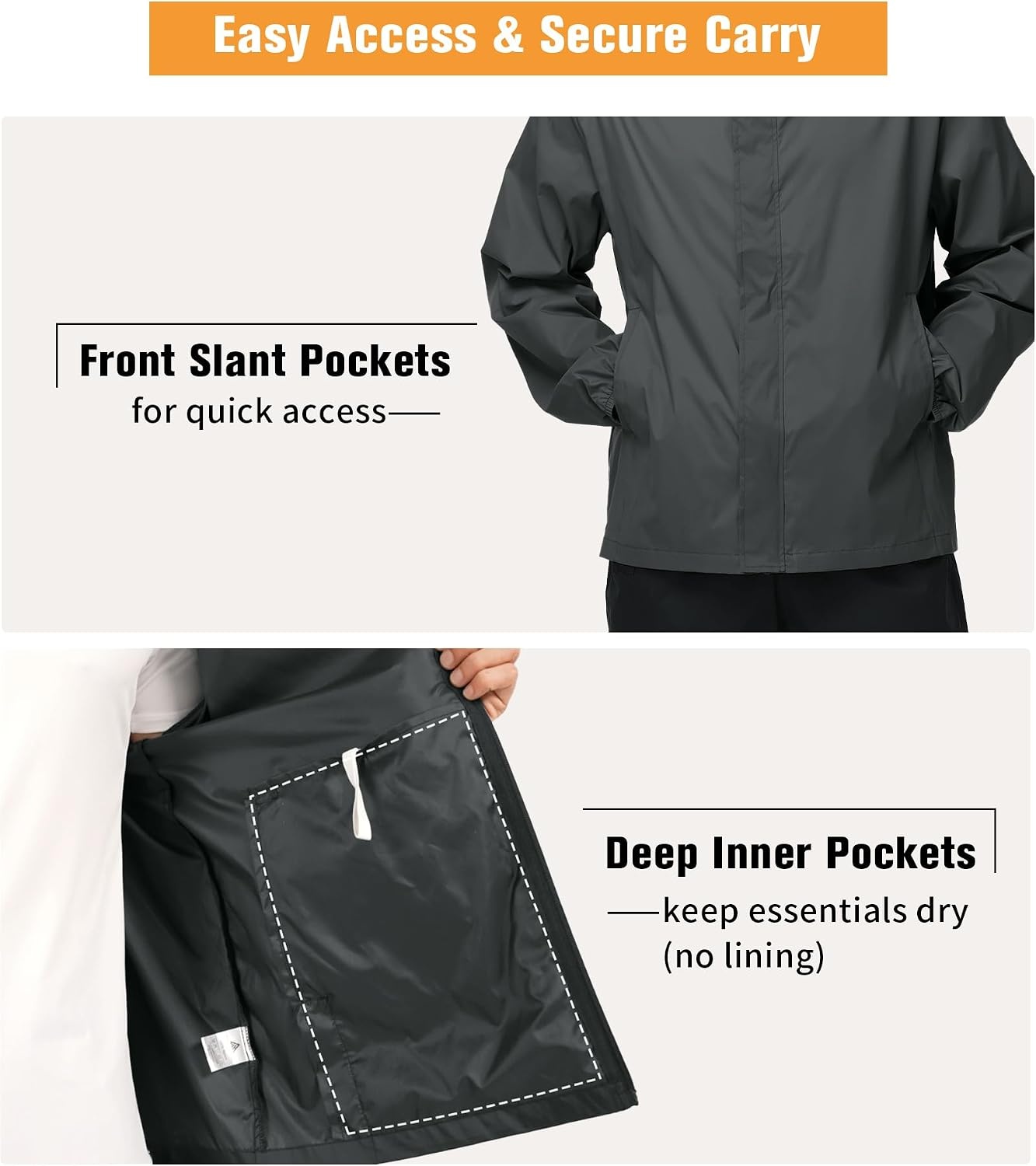 image:imageZITY Mens Waterproof Rain Jacket hood Lightweight Packable Rain Coats for Men Nylon Windbreaker Work Golf Hiking CyclingDark Grey