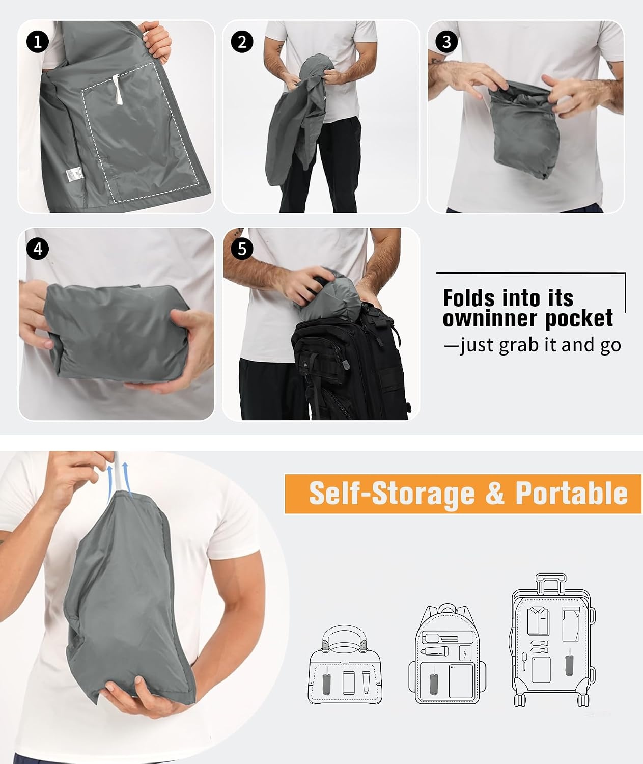 image:imageZITY Mens Waterproof Rain Jacket hood Lightweight Packable Rain Coats for Men Nylon Windbreaker Work Golf Hiking CyclingGrey