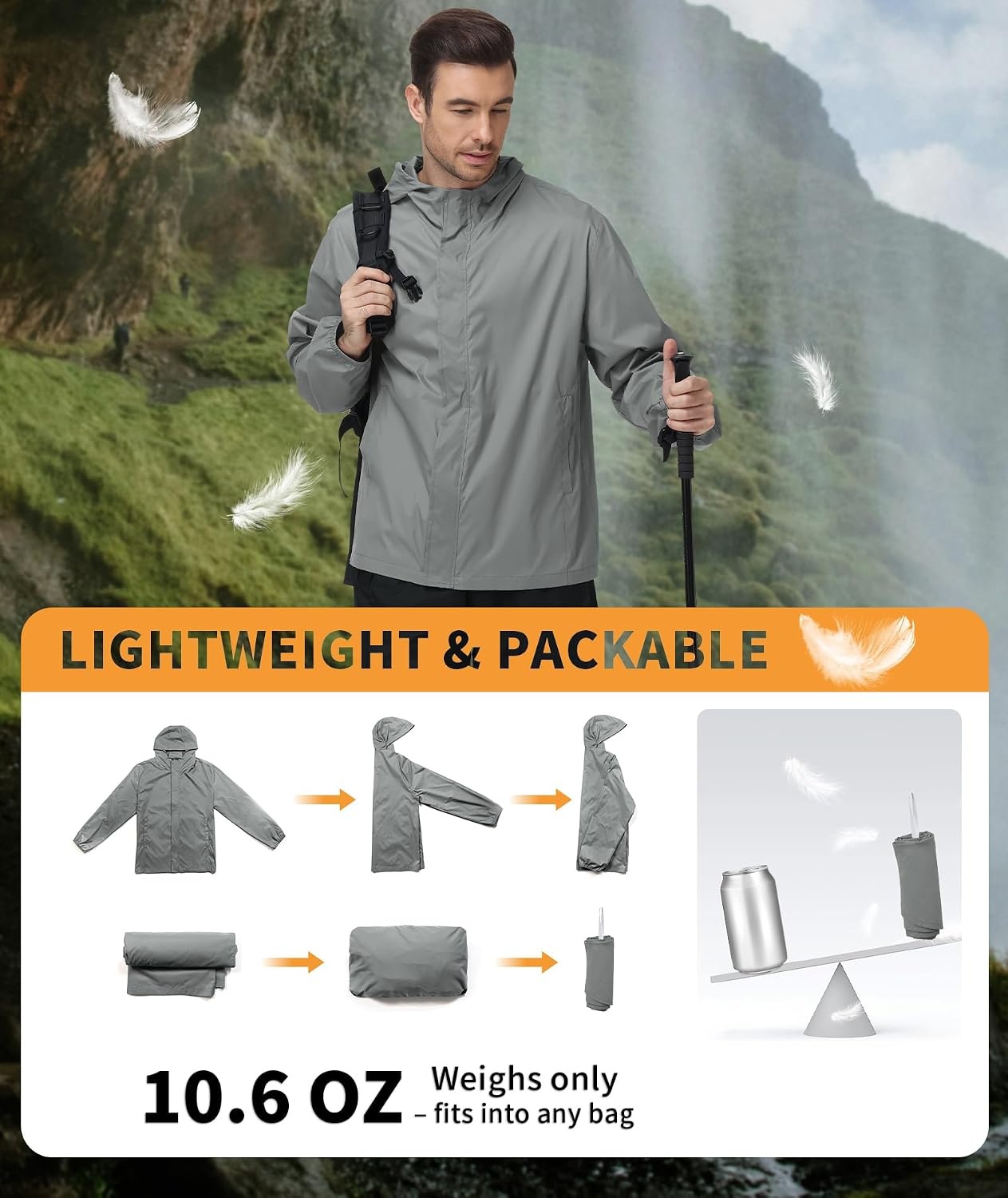 image:imageZITY Mens Waterproof Rain Jacket hood Lightweight Packable Rain Coats for Men Nylon Windbreaker Work Golf Hiking CyclingGrey