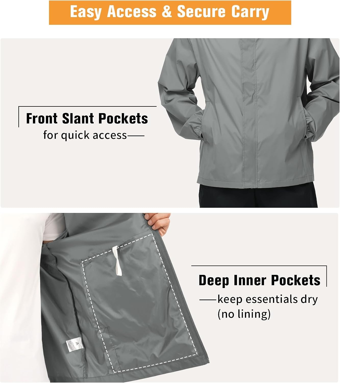 image:imageZITY Mens Waterproof Rain Jacket hood Lightweight Packable Rain Coats for Men Nylon Windbreaker Work Golf Hiking CyclingGrey