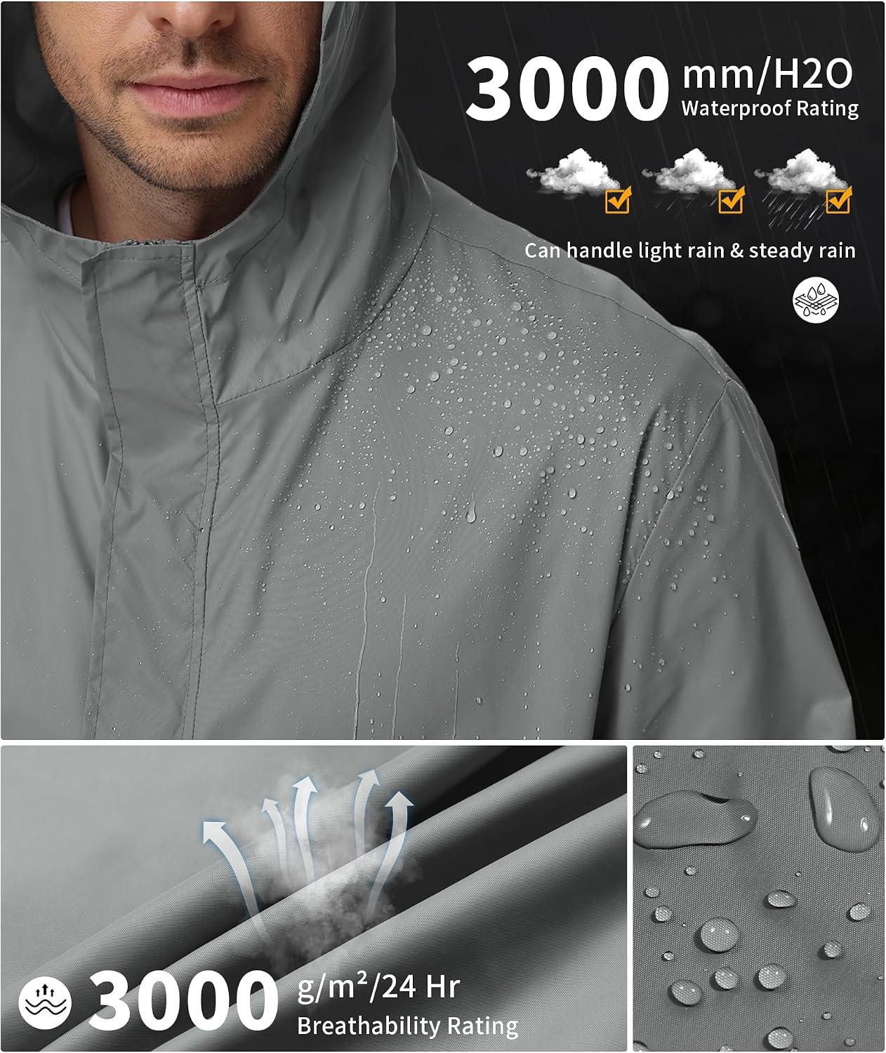 image:imageZITY Mens Waterproof Rain Jacket hood Lightweight Packable Rain Coats for Men Nylon Windbreaker Work Golf Hiking CyclingGrey